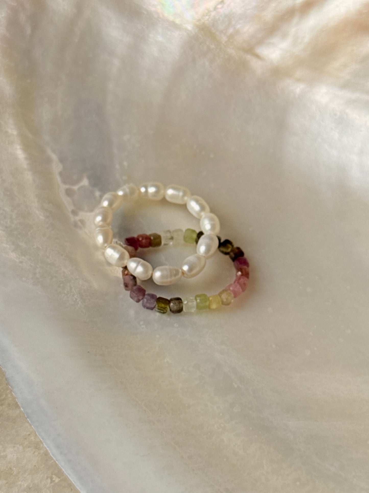 Natural Crystal Stretchy Multi Tourmaline Box & Fresh Water Pearl Rings
