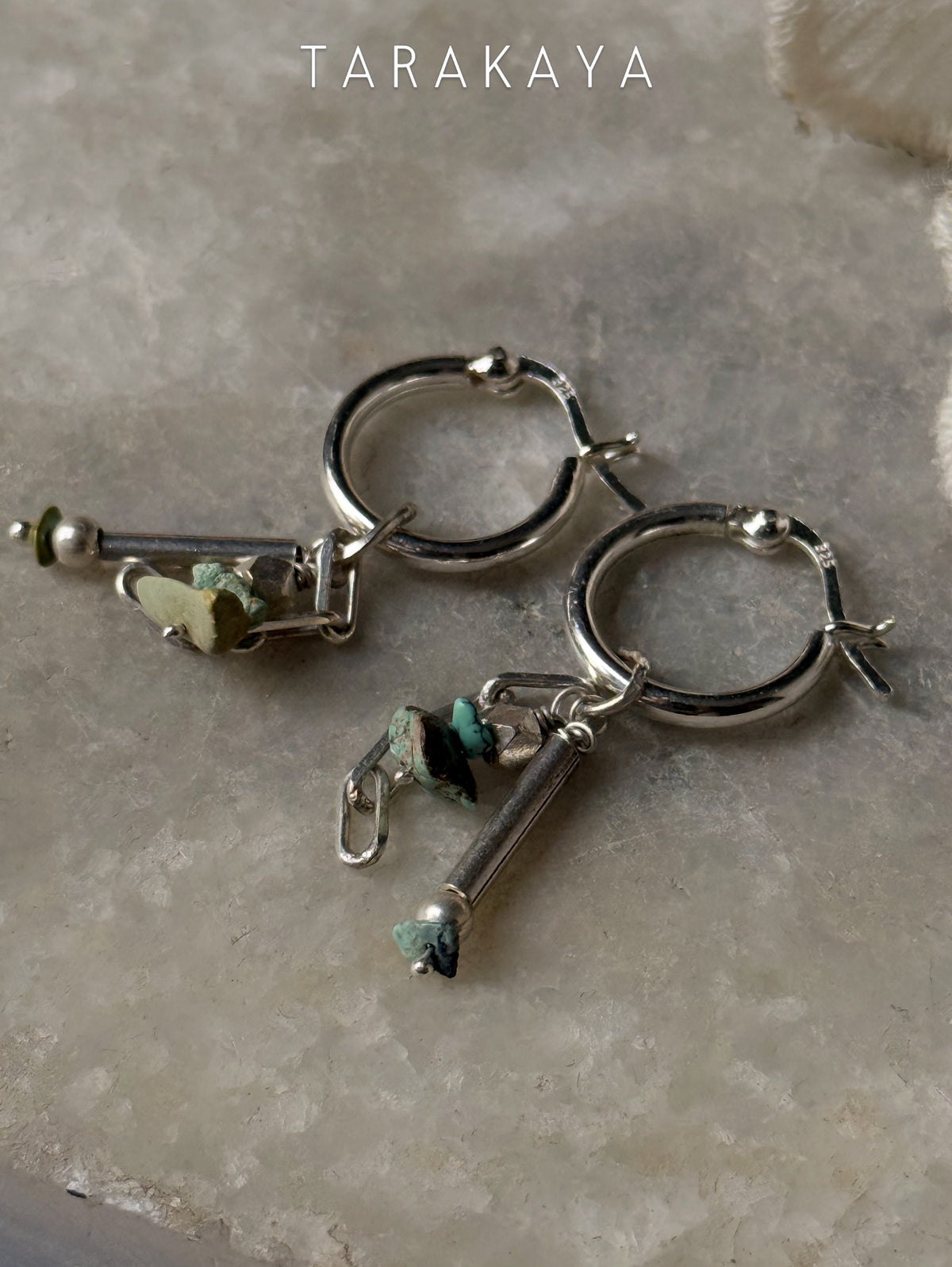 925 Sterling Silver Turquoise, Hill Tribe, Paper Clip Hoops Earrings