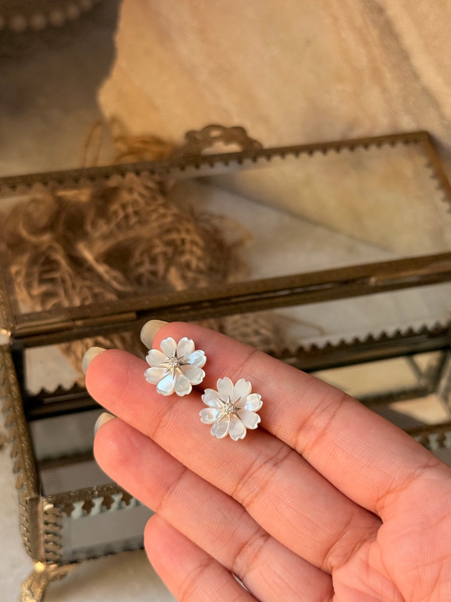 925 Sterling Silver Mother of Pearl Flower Carved , White Topaz North Star Studs - 2 in 1