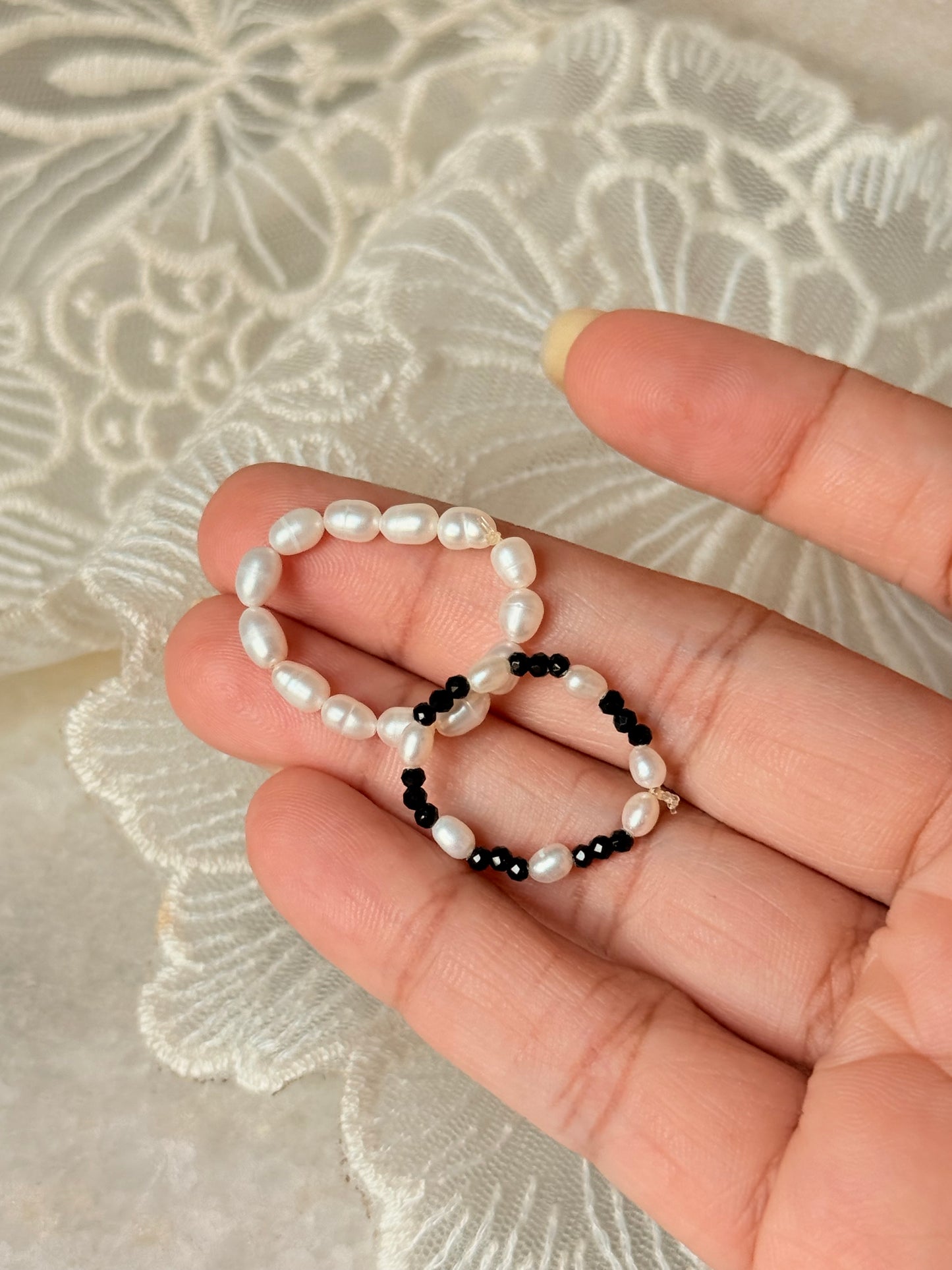 Natural Crystal Stretchy Fresh Water Pearl & Black Spinel Pearl Rings