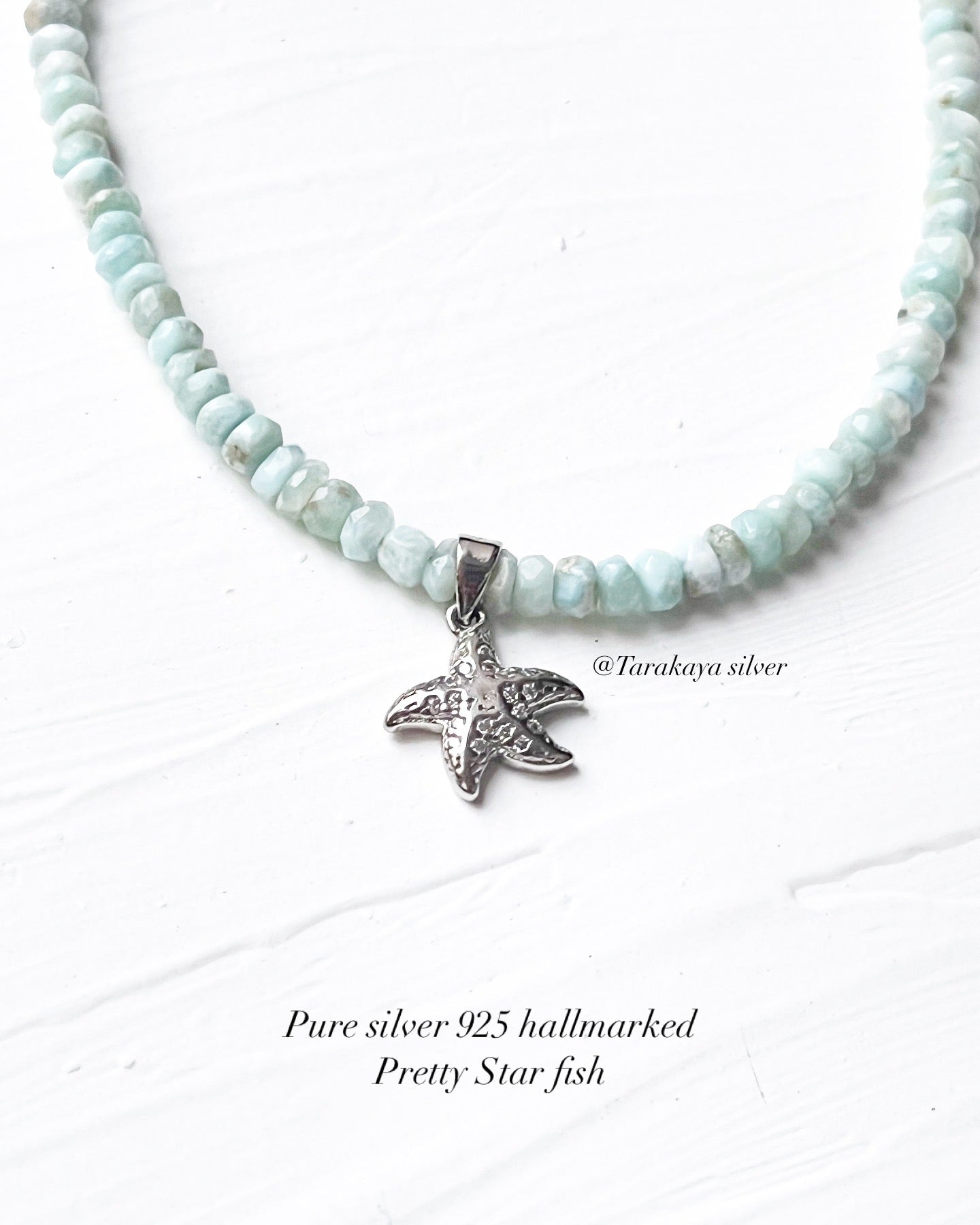 Natural Larimar Crystal 4-5MM Star Fish 925 Sterling Silver Necklace
