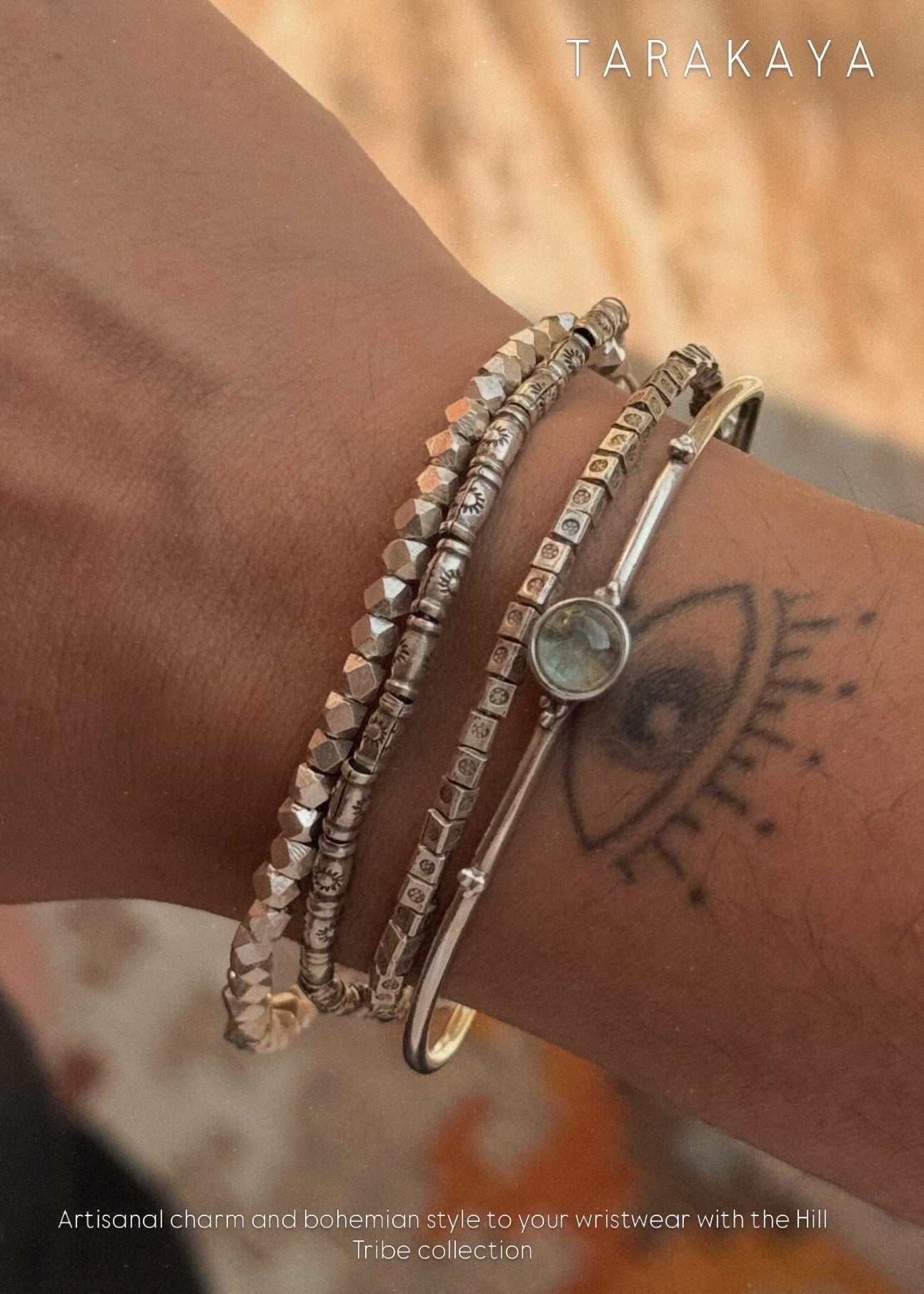 925 Sterling Silver Bohemian Square Beads Hill Tribe With Floral Hand Engraved Beaded In Silver Wire Handcrafted Stack Bracelet