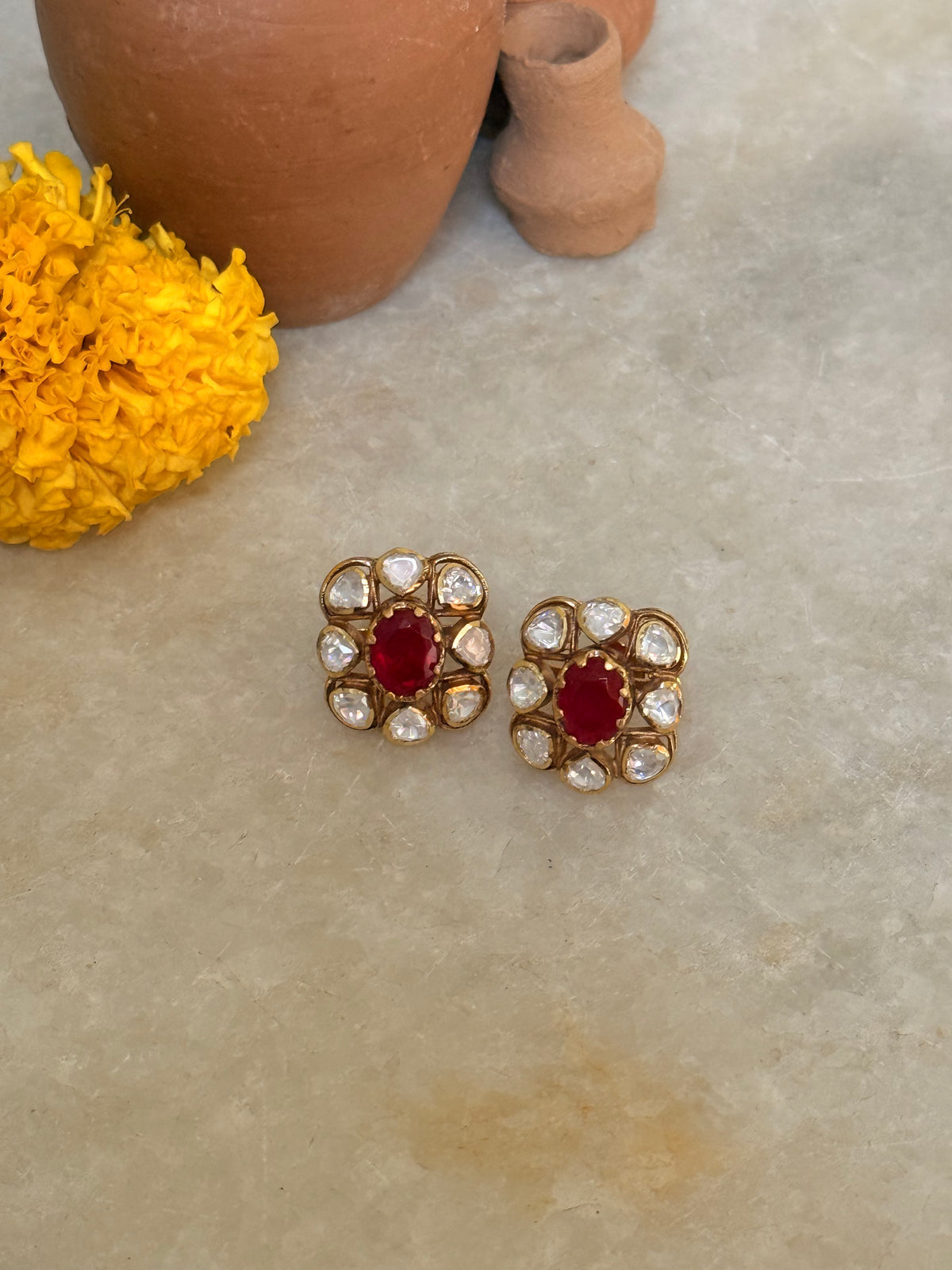 925 Sterling Silver Gold Plated Moissanite Polki Dyed Ruby Studs Earrings