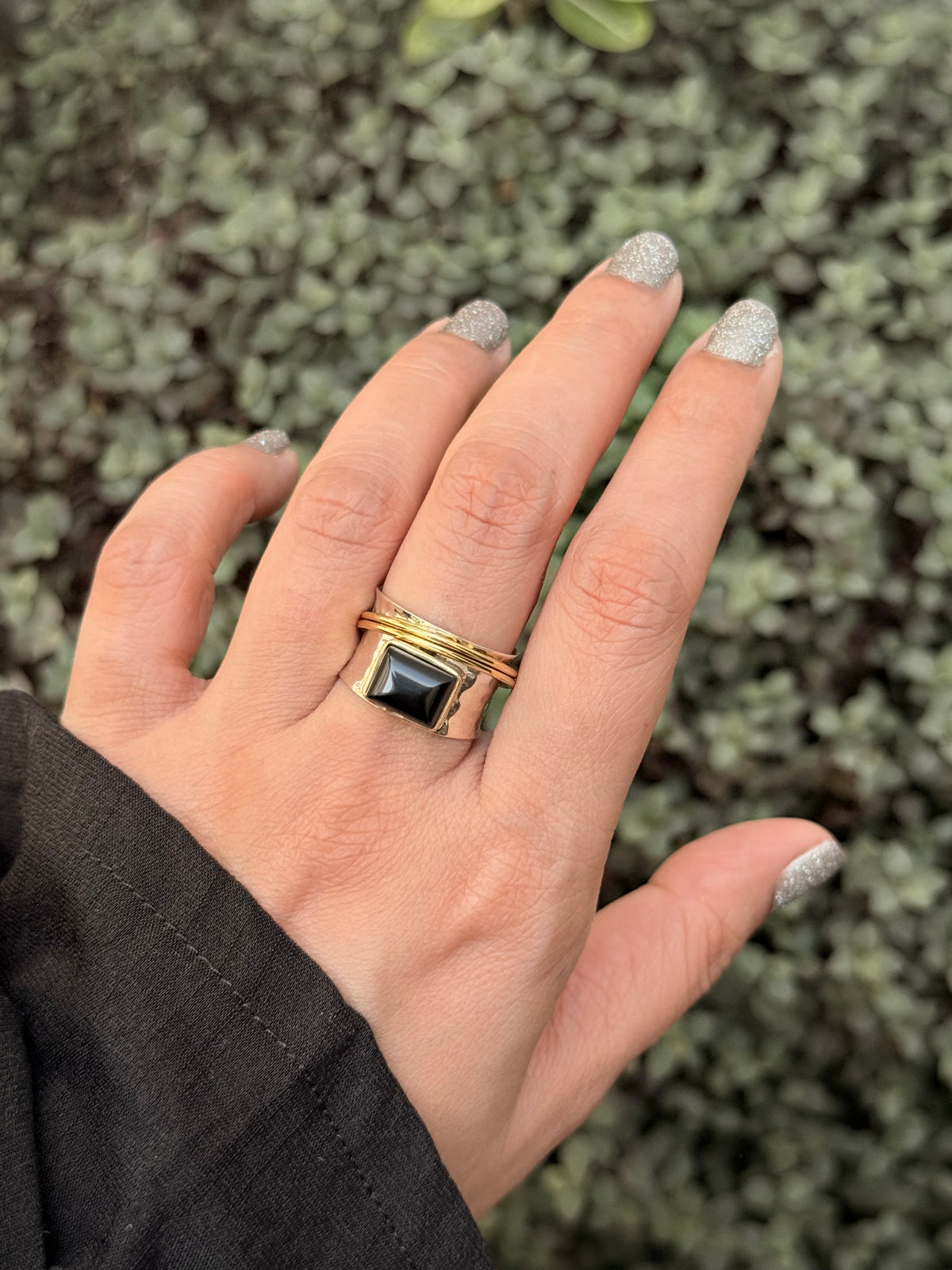 925 Sterling Silver Black Onyx Spinner Dual Tone Rustic Ring