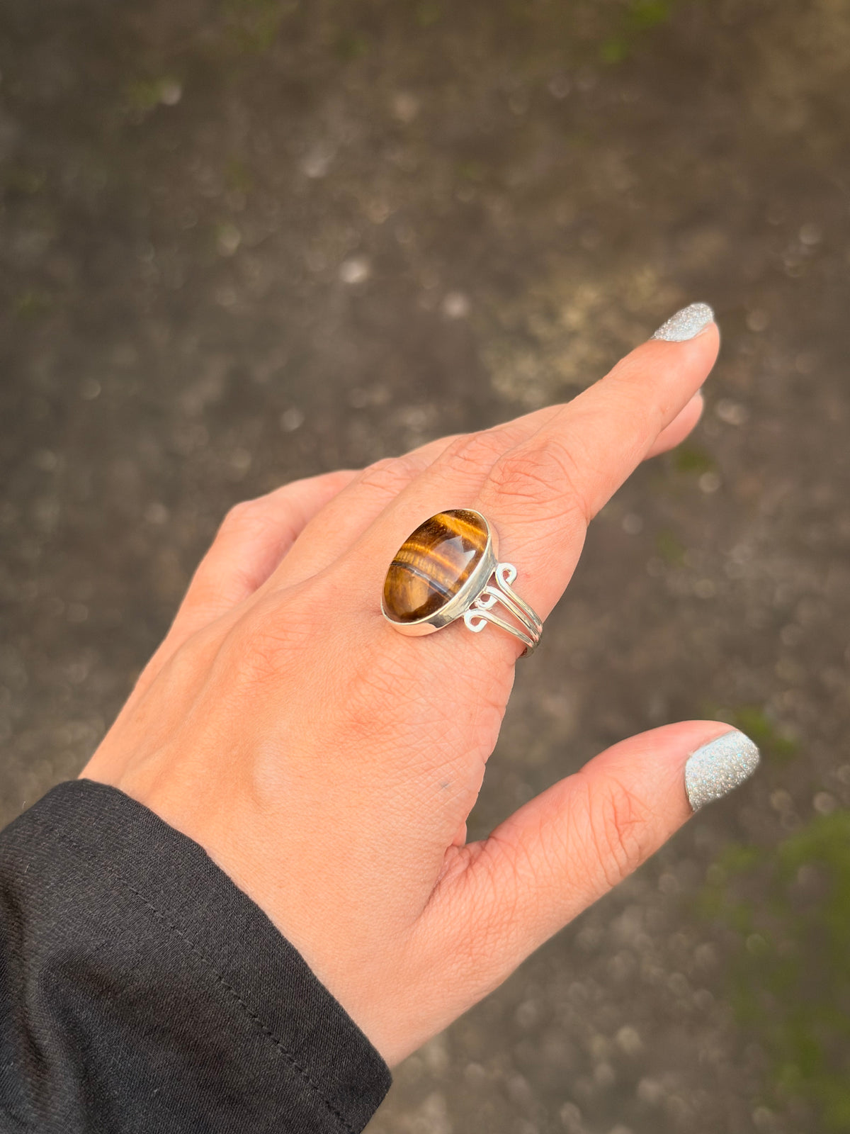 925 Sterling Silver Tiger Eye Oval Boho Statement Ring