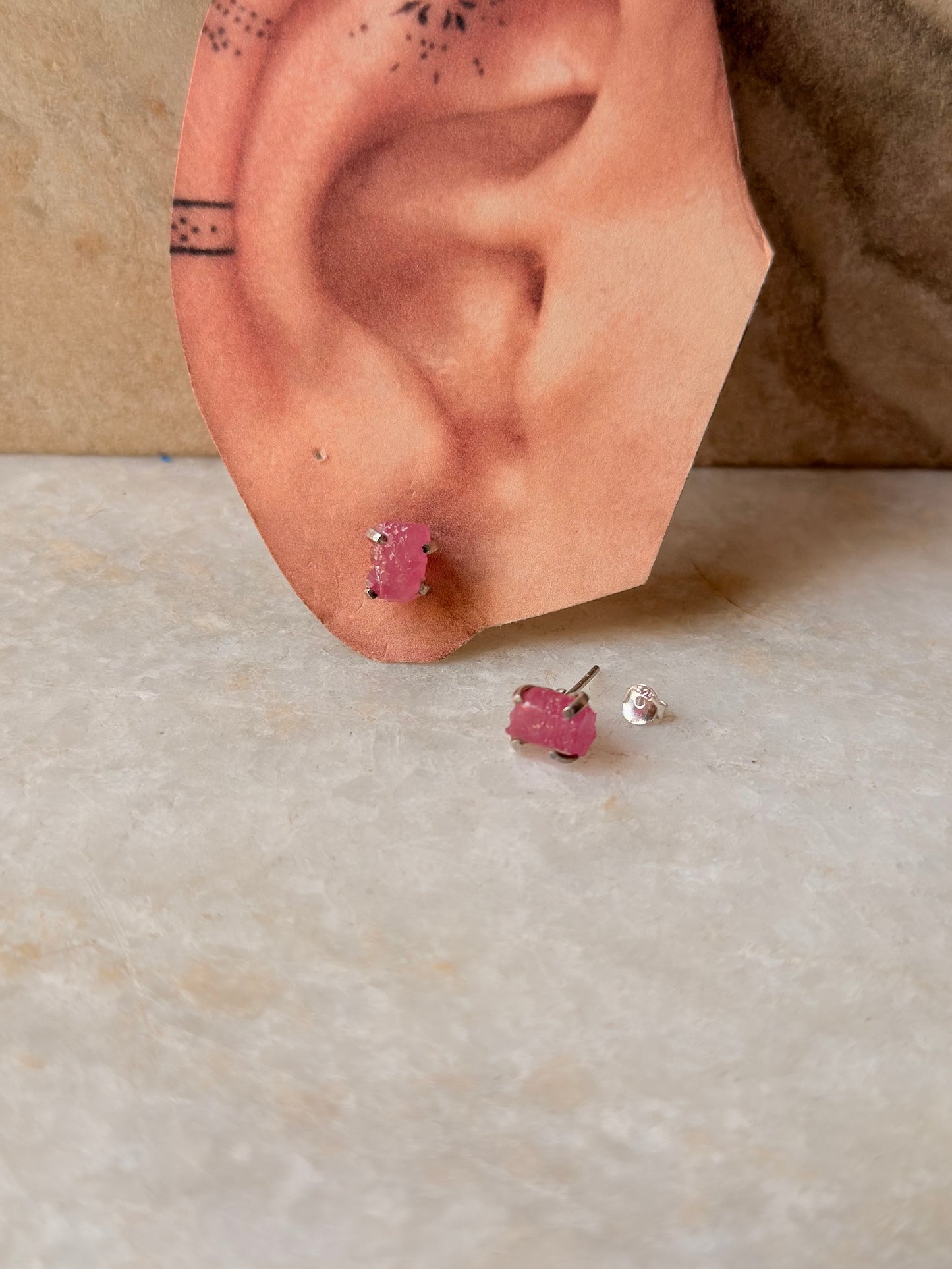 925 Sterling Silver Dyed Ruby Raw Uncut Prong Setting Studs Earrings