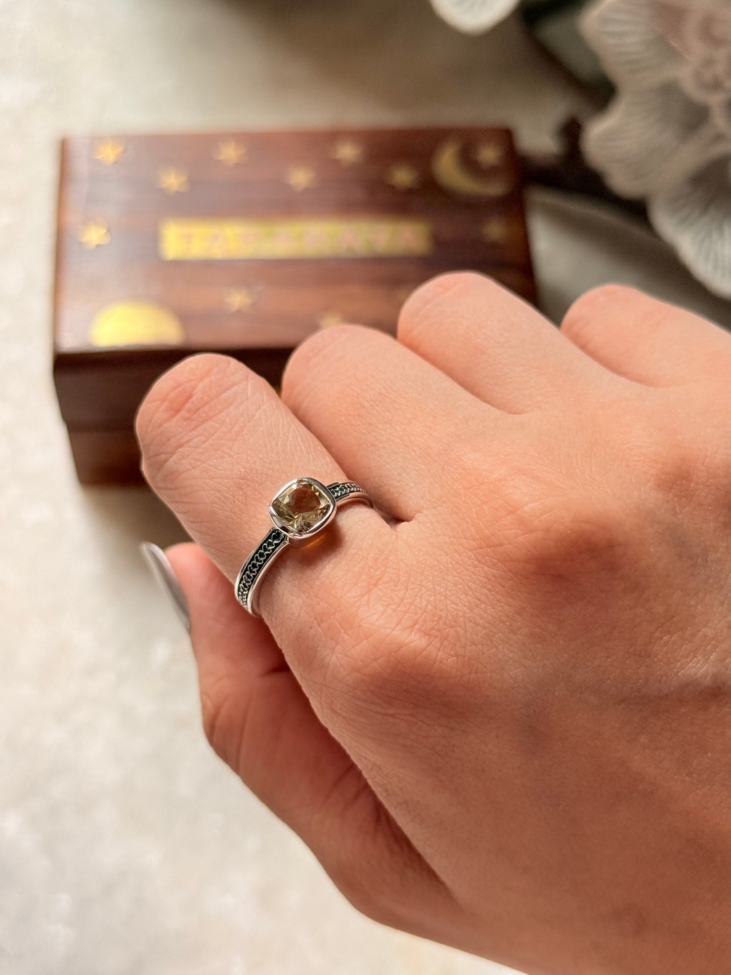 925 Sterling Silver Citrine Square Vintage Band Ring