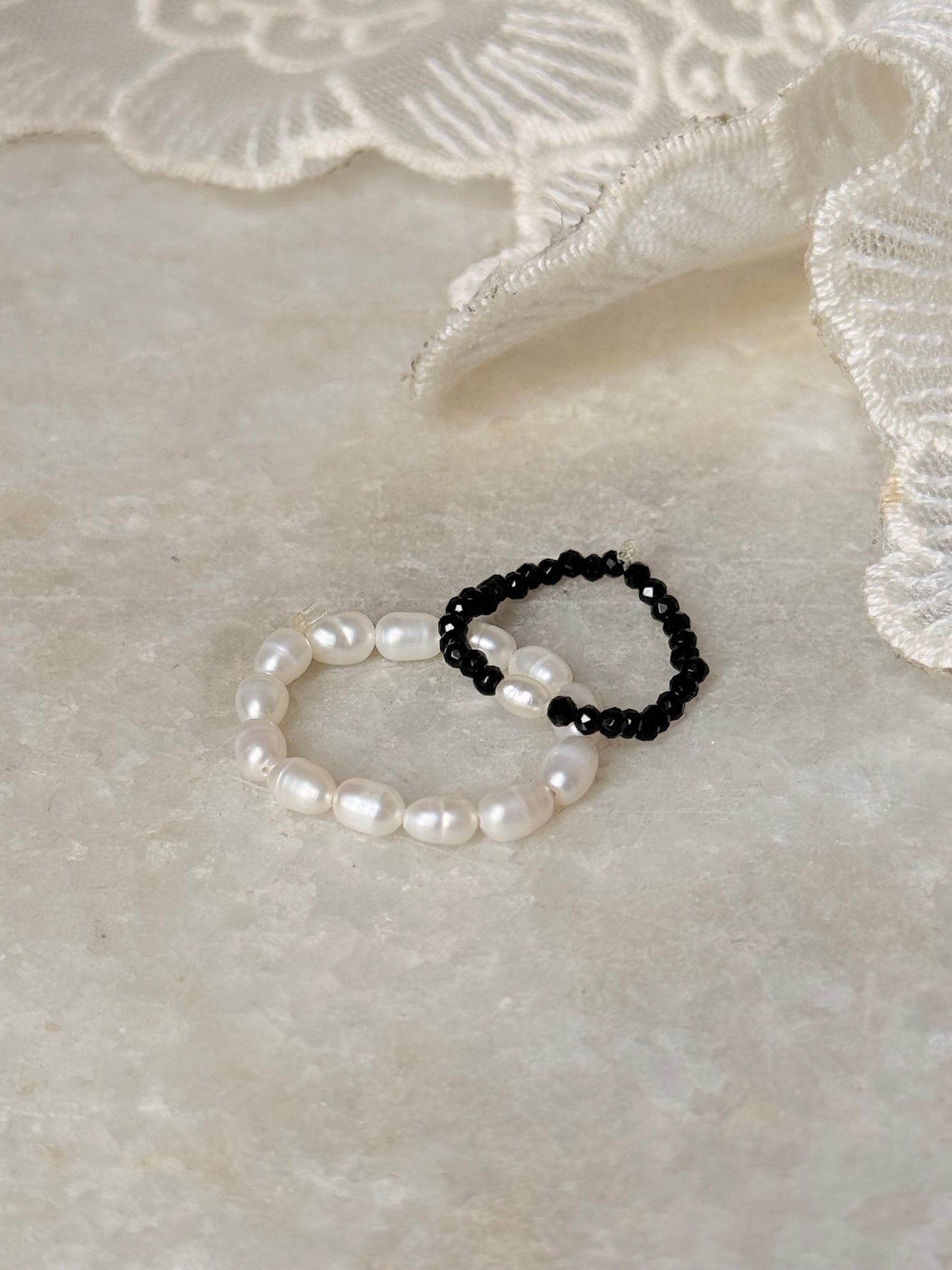 Natural Crystal Stretchy Fresh Water Pearl & Black Spinel Pearl Rings