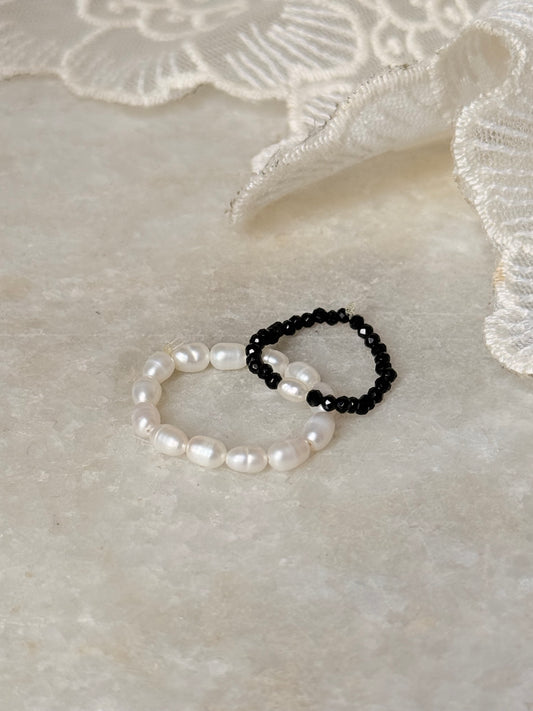 Natural Crystal Stretchy Fresh Water Pearl & Black Spinel Pearl Rings