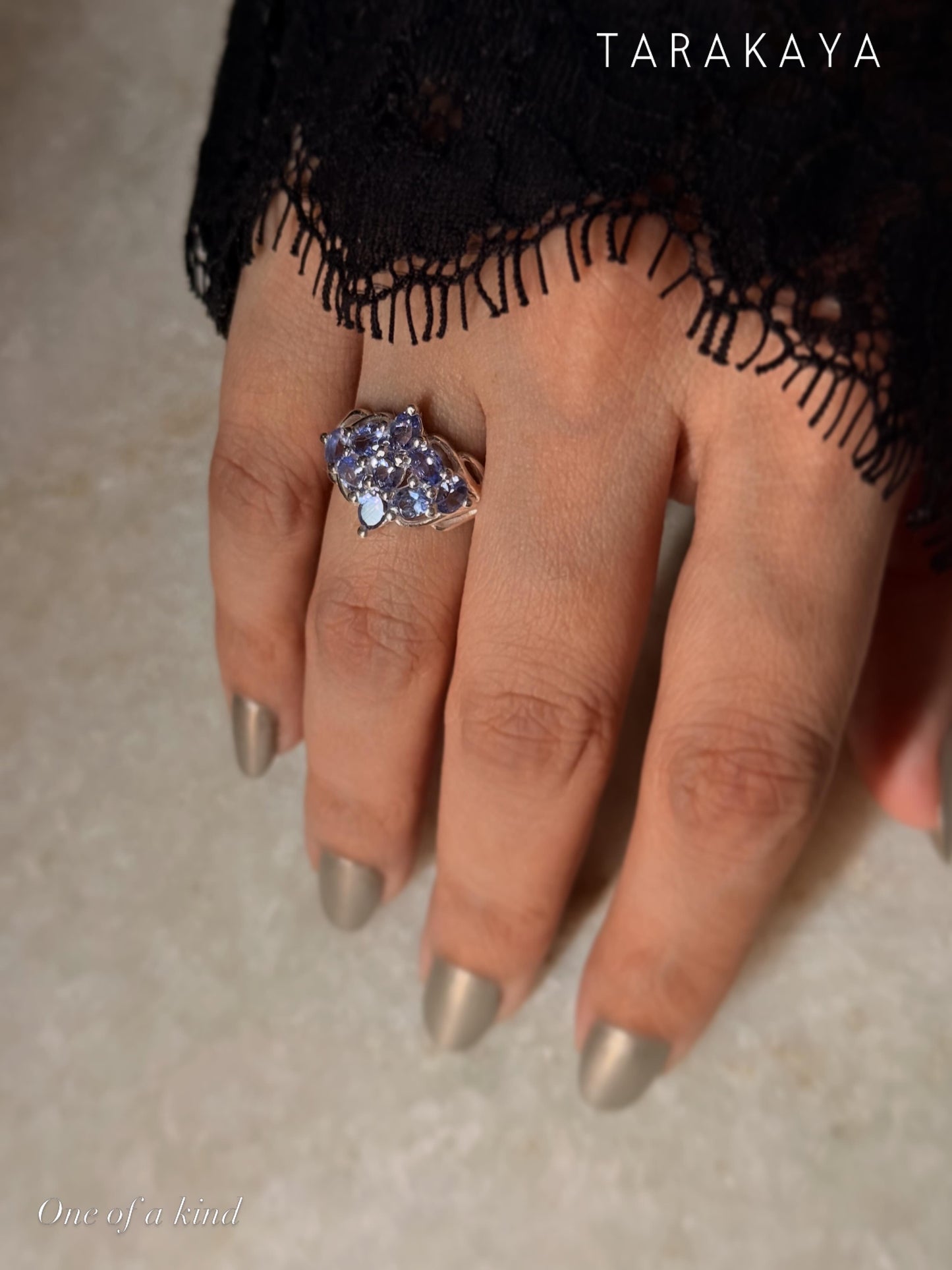 925 Sterling Silver Natural Tanzanite Faceted Flower Vintage Style Band Statement Ring