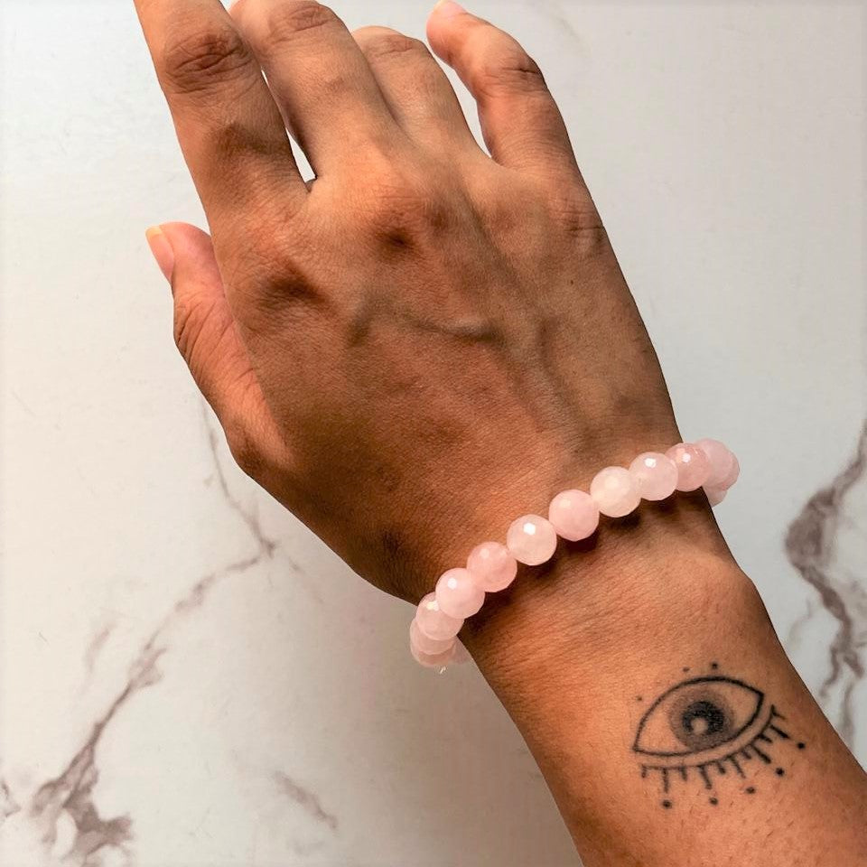 8MM Rose Quartz Healing Crystal Bracelet with Diamond Cut Detail