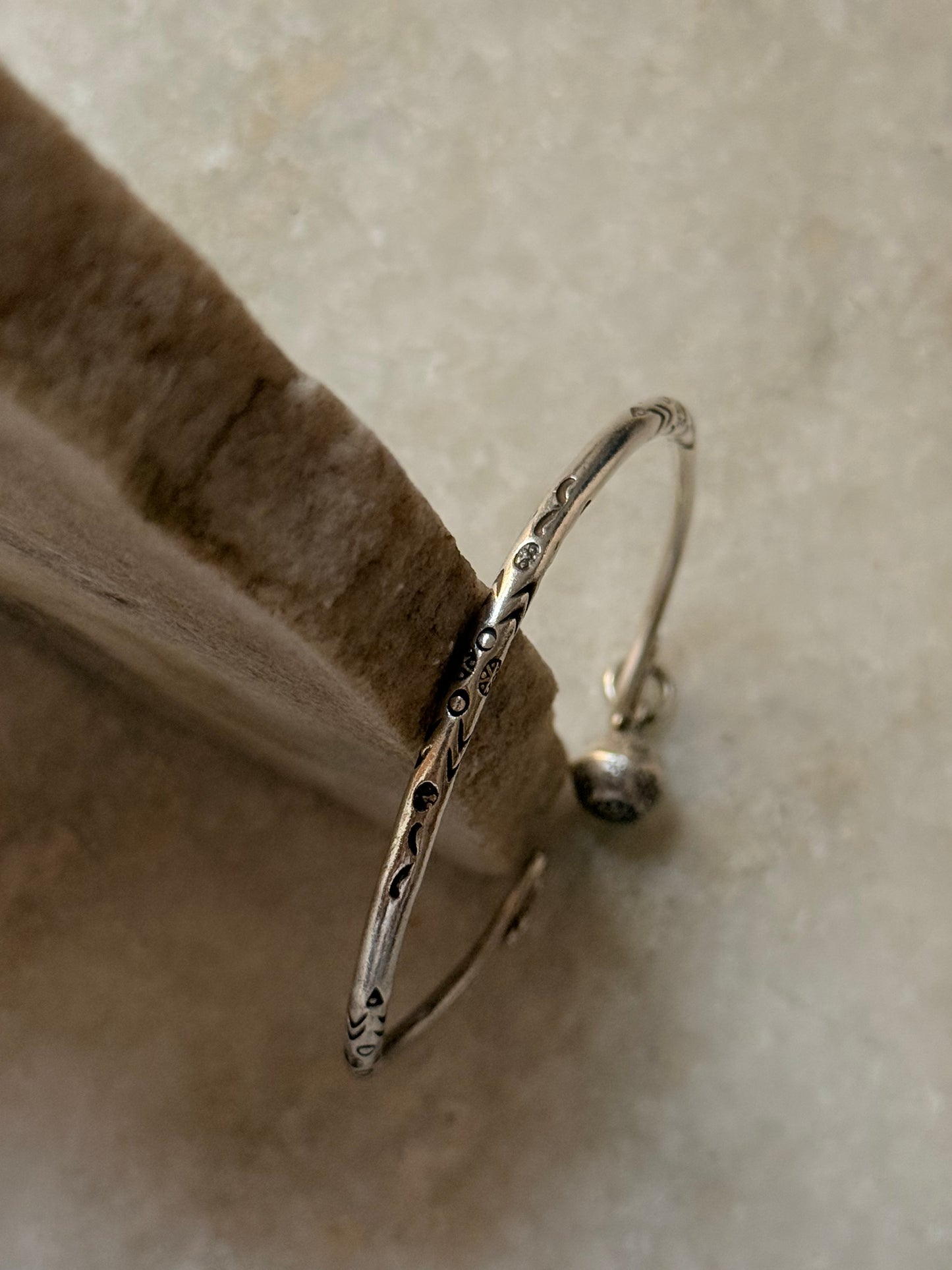 925 Sterling Silver Antique Hill Tribe Handcrafted Adjustable Kada With Hanging Charm