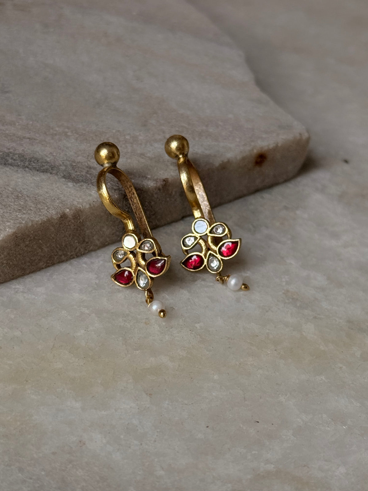 925 Sterling Silver Gold Plated Pink White Stone Kundan Polki & Fresh Water Pearls Charm Bugadi Ear Cuff
