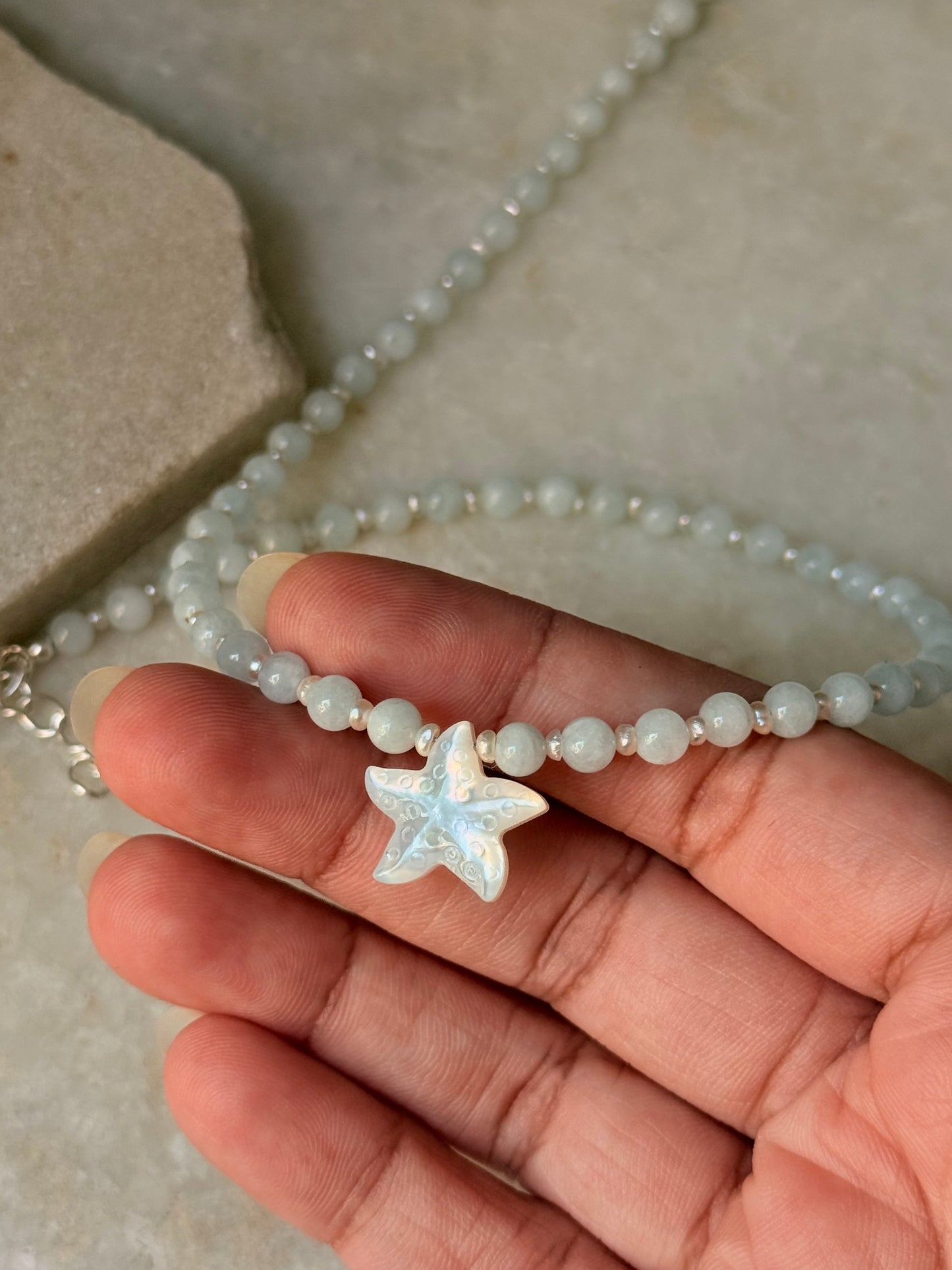 Natural Aquamarine, Shiny Pearls & Mother of Pearl Starfish 925 Sterling Silver Necklace