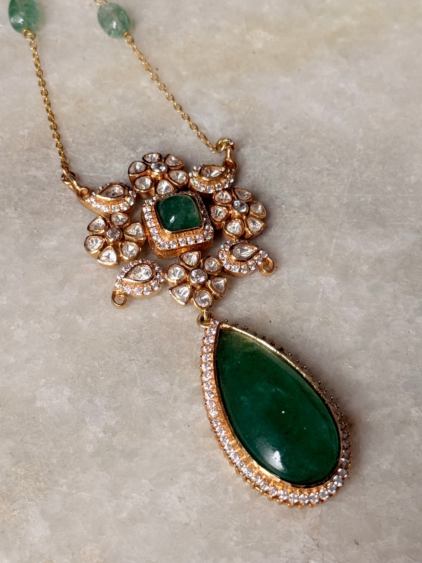 Elegant 925 Sterling Silver Gold Plated Antique Moissanite Polki Green Onyx Statement Necklace