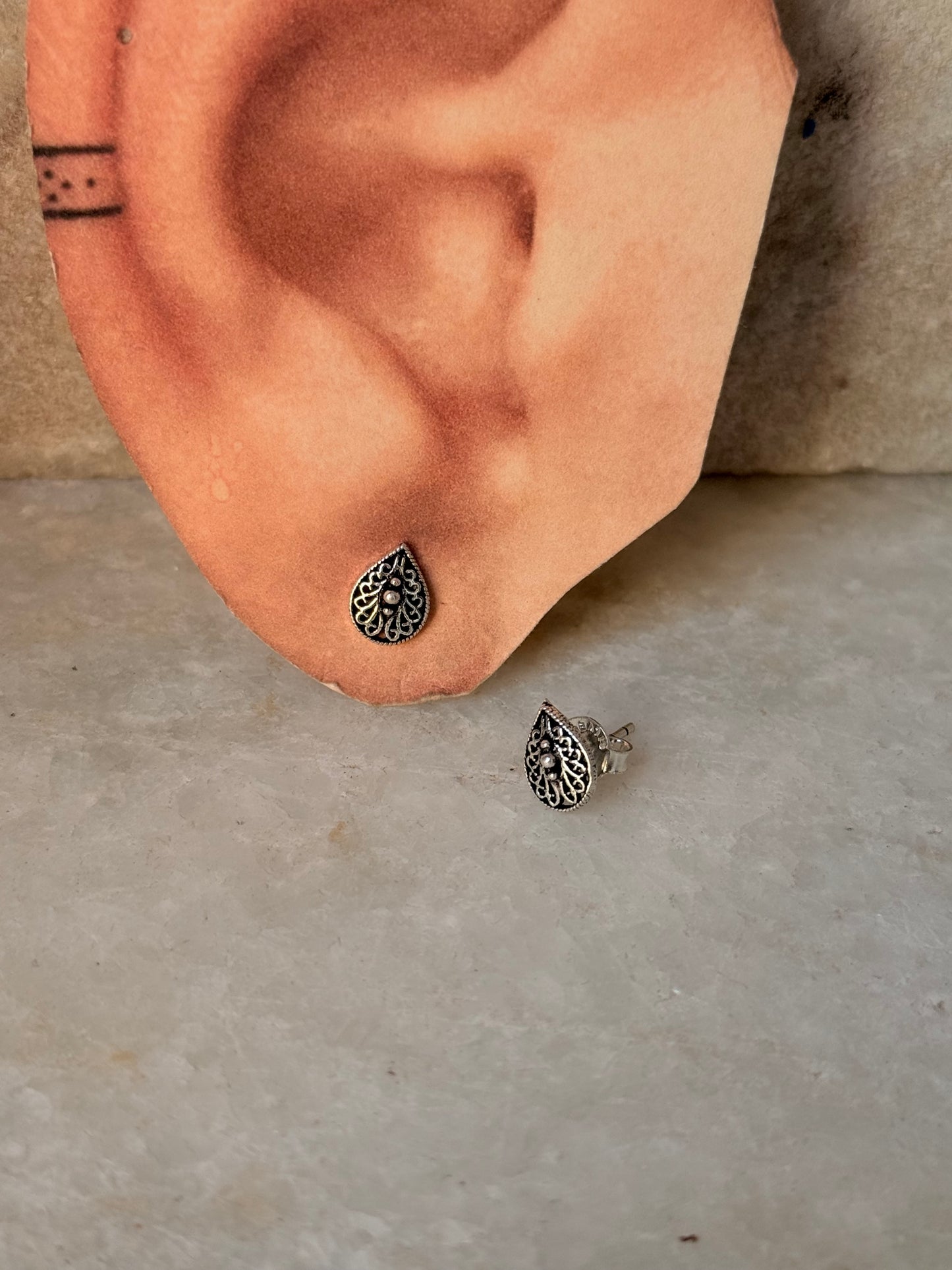 925 Sterling Silver Antique Plain Oxidised Boho Studs Earrings