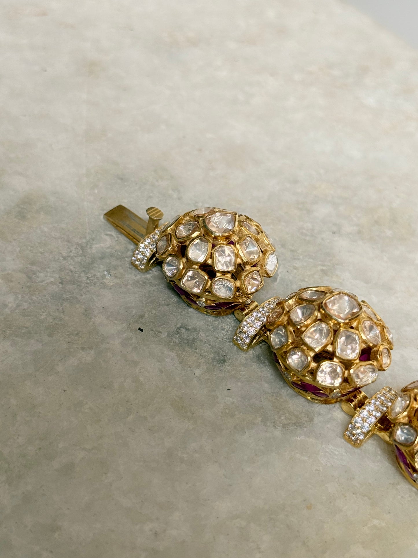 Handmade 925 Sterling Silver Gold Plated Pink Kundan Polki Bracelet for Women