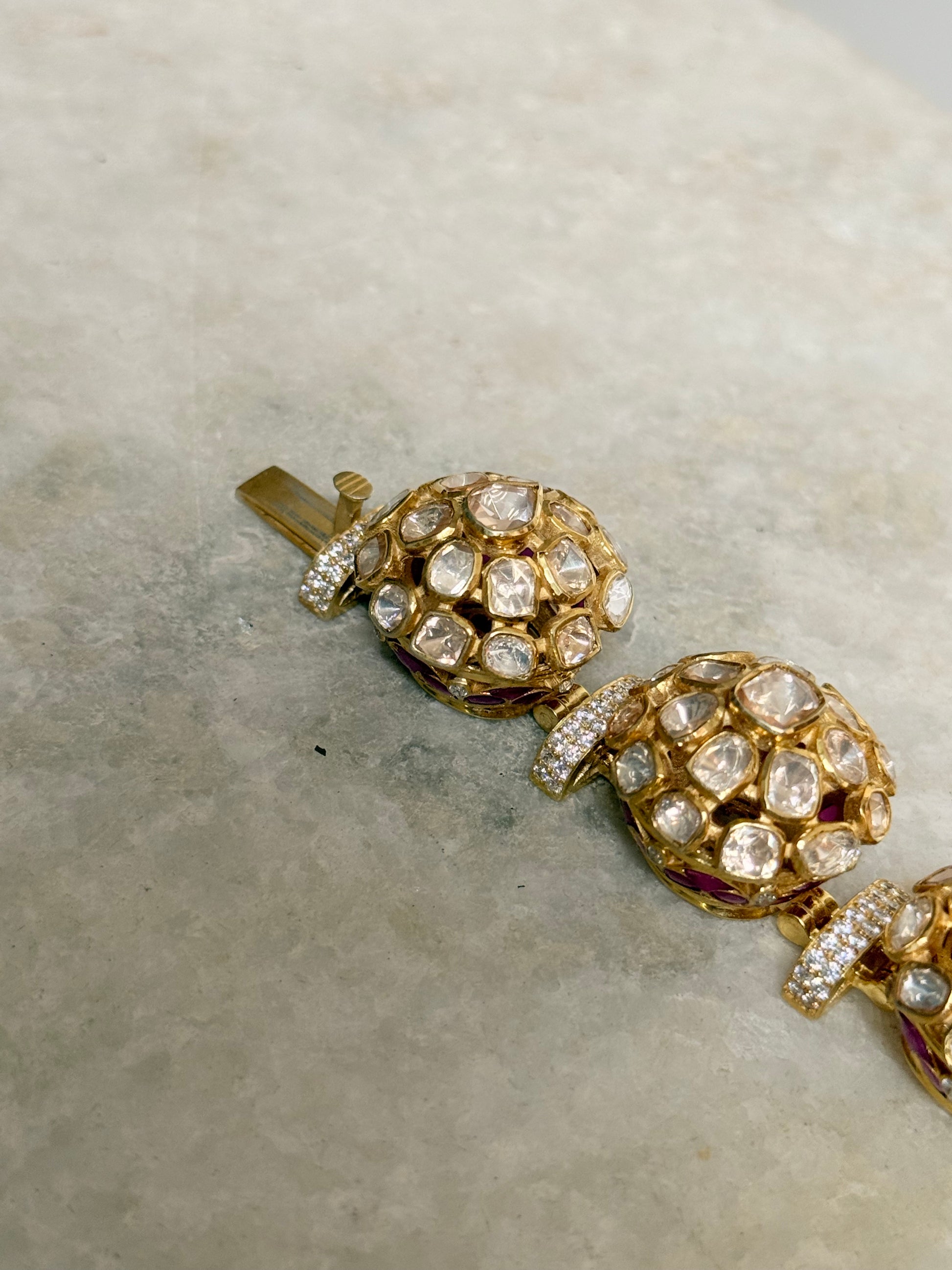 Handmade 925 Sterling Silver Gold Plated Pink Kundan Polki Bracelet for Women