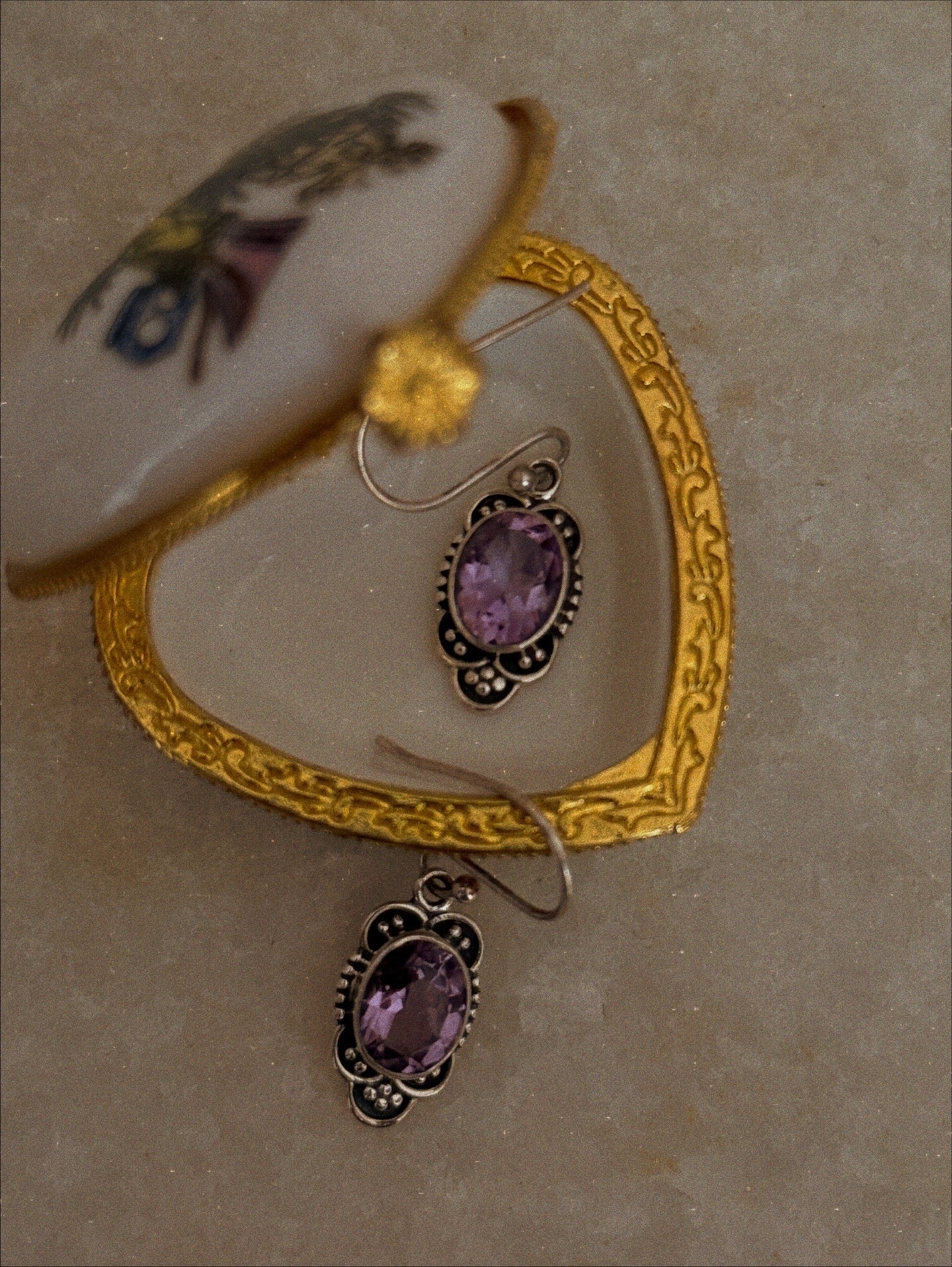 Boho style amethyst oval cut silver hook earrings