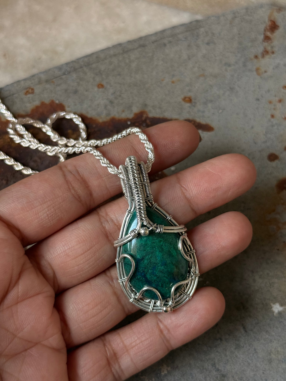 925 Sterling Silver Azurite Pear Wire Wrapped Handcrafted One of a Kind Pendant