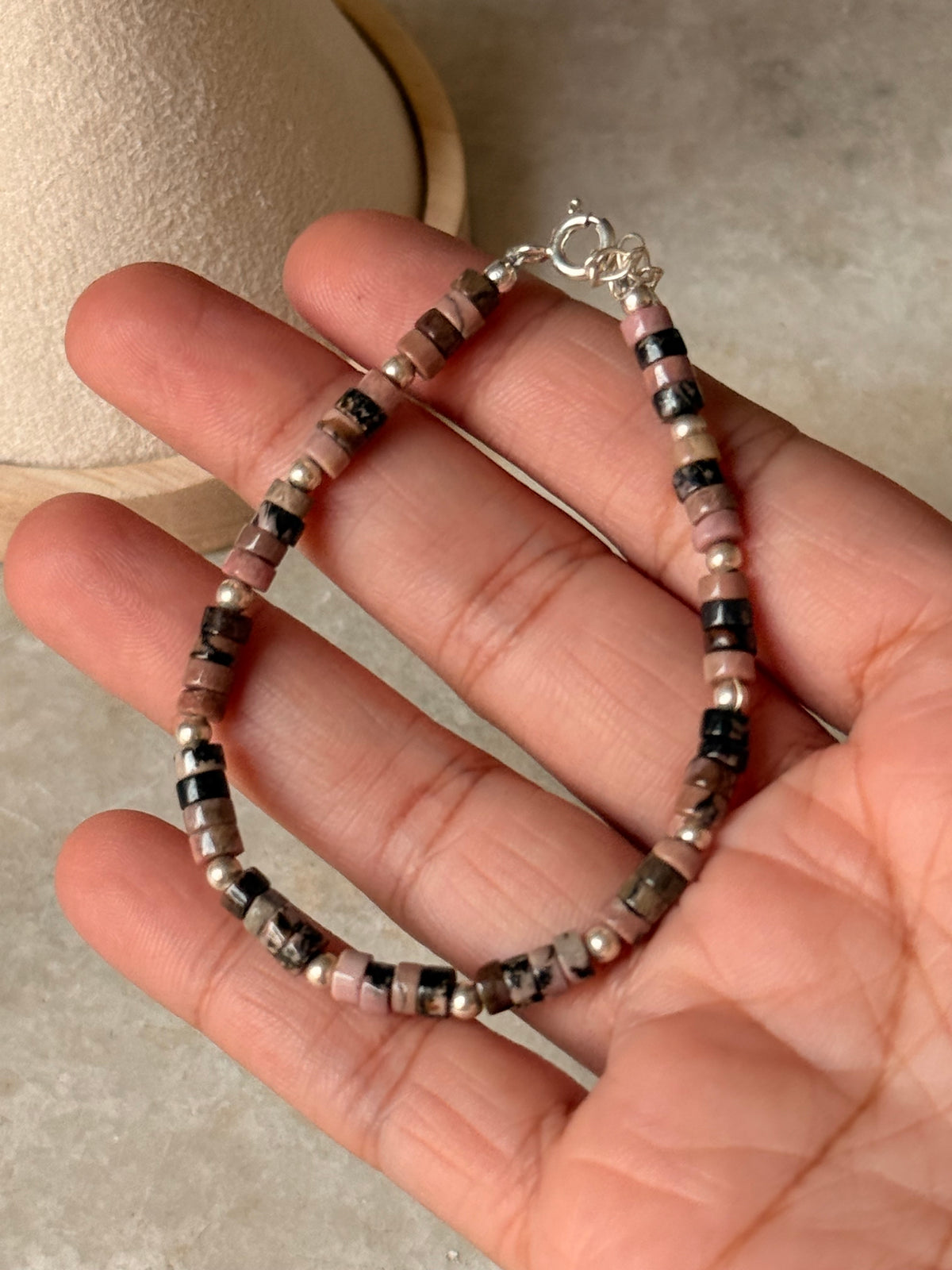 925 Sterling Silver Rhodonite Flat Tube Crystal Silver Balls Bracelet
