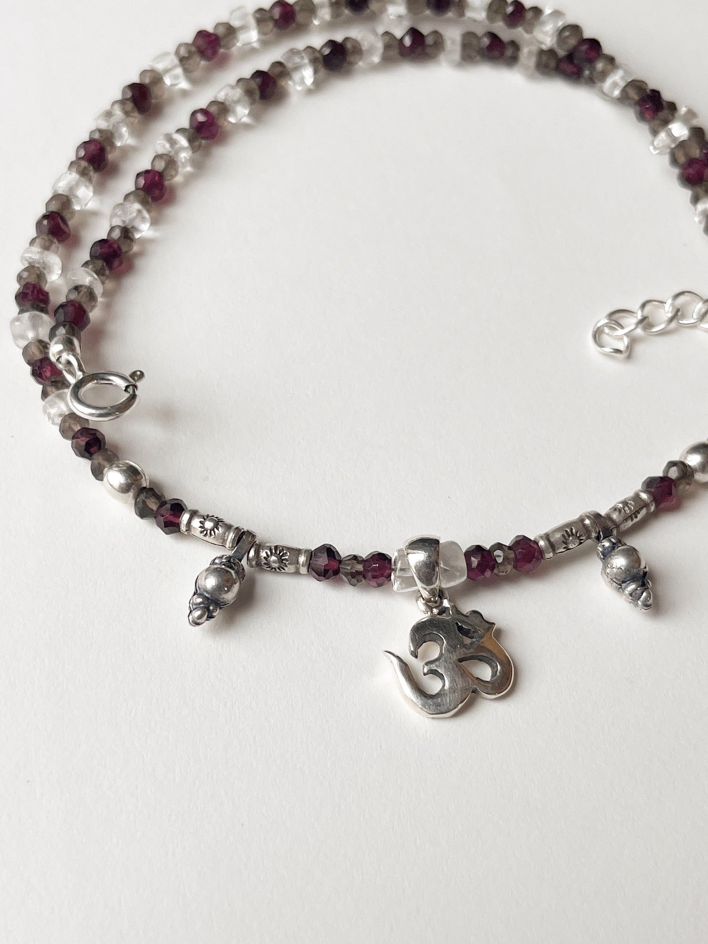 Spiritual Bohemian Choker with Garnet, Clear and Smokey Quartz Crystals 