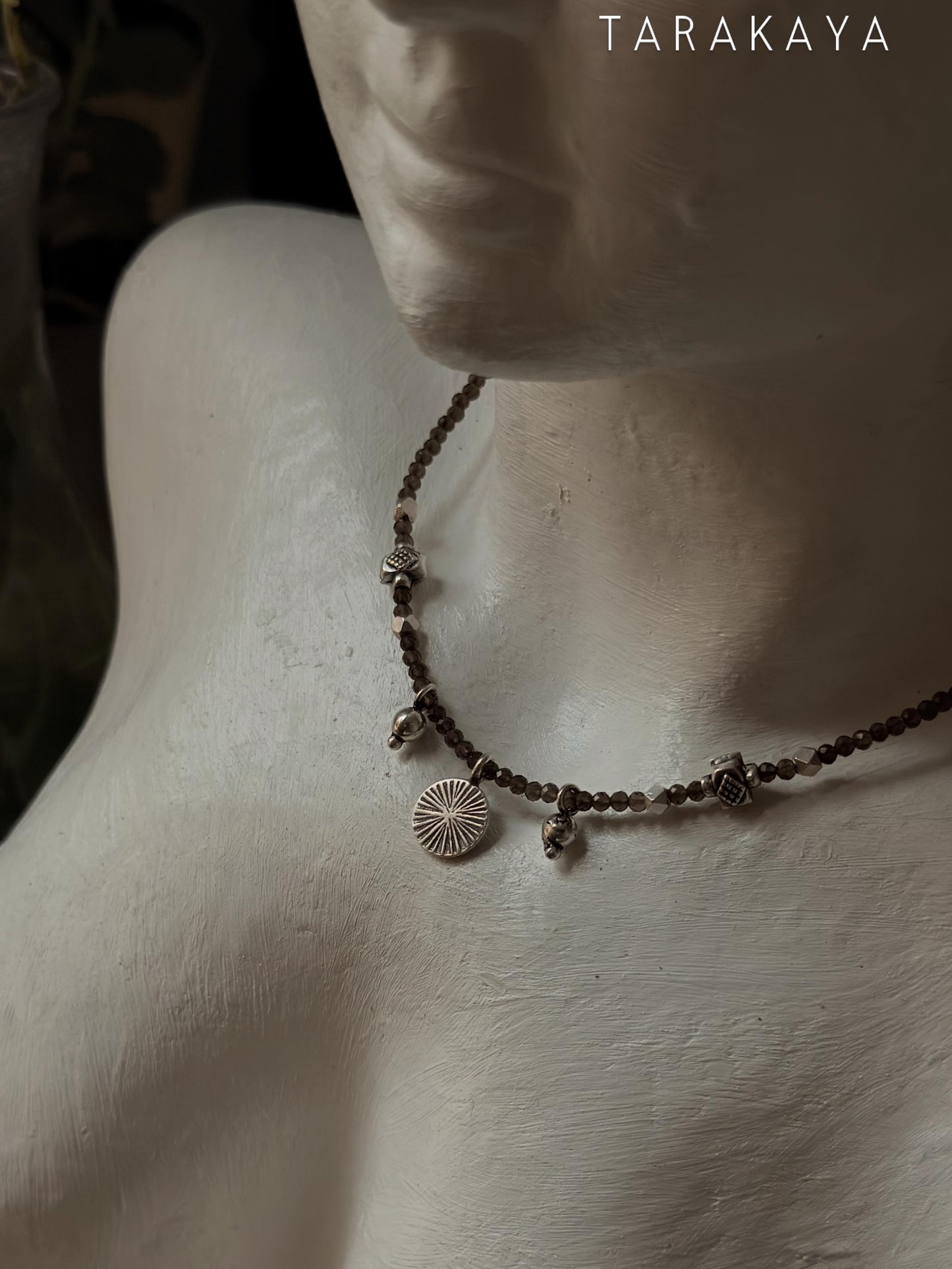925 Sterling Silver Smokey Quartz 2mm & Hill Tribe Coin Charm & Silver Beads Handcrafted Necklace
