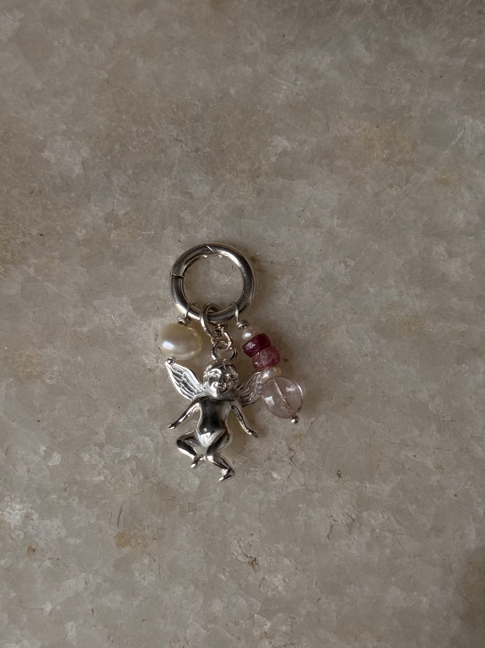 925 Sterling Silver Cherub Angel, Clear Quartz heart, Pearl Charm