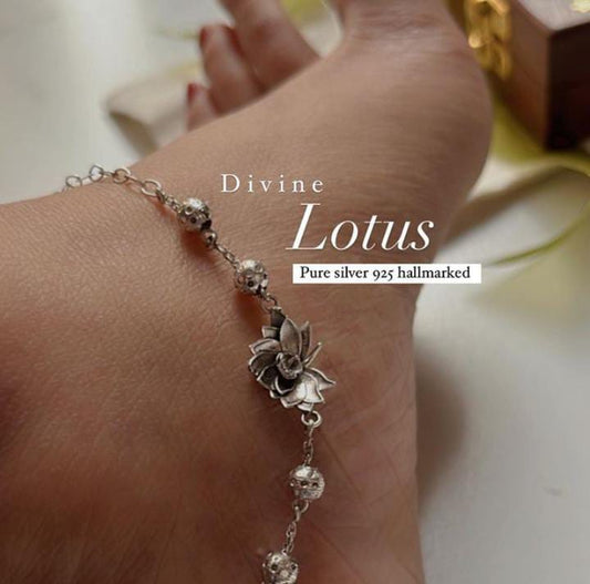 Elegant Divine Lotus pure silver anklet with intricate floral design