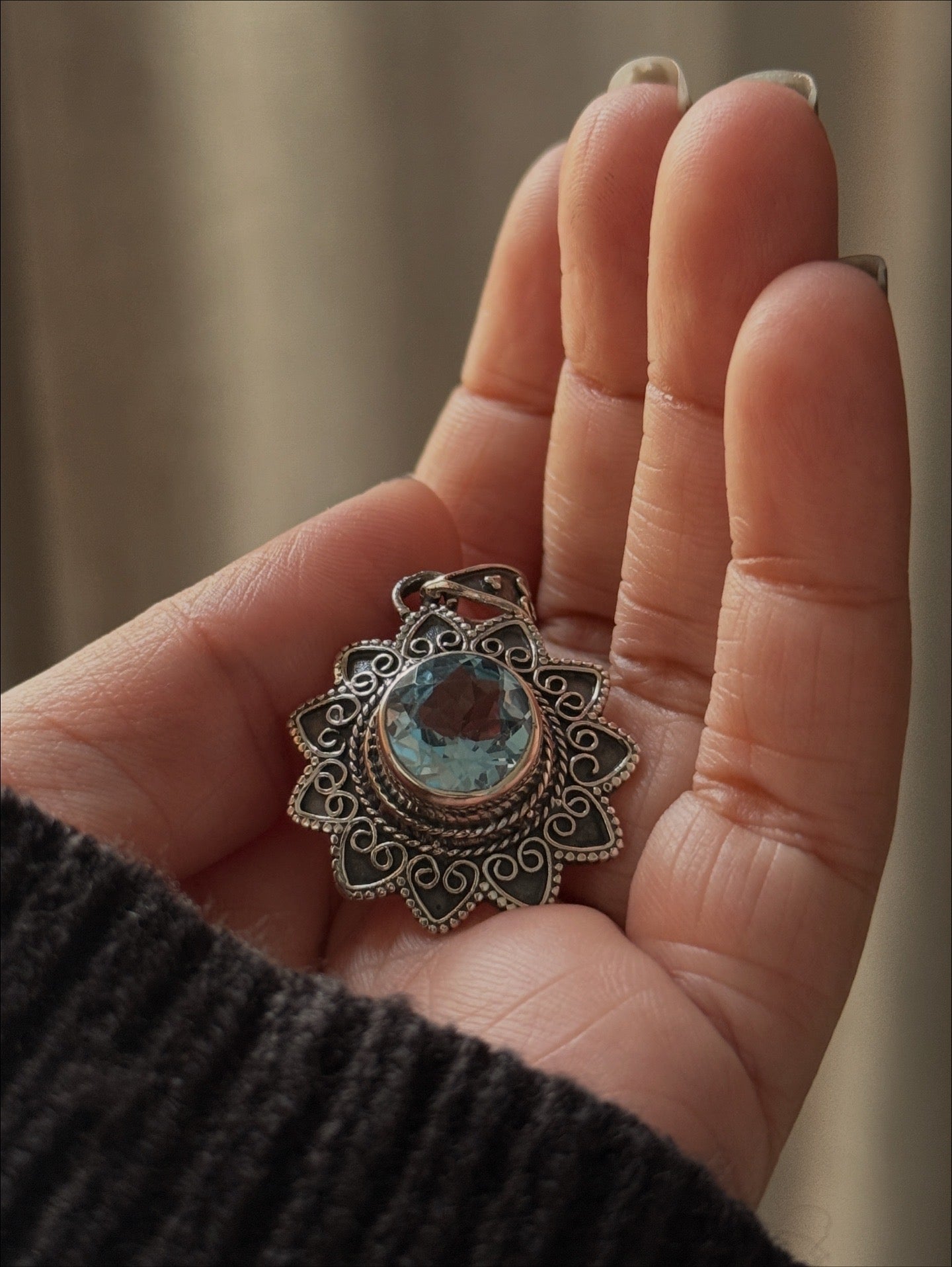Blue Topaz Mandala Boho 925 Sterling Silver Pendant