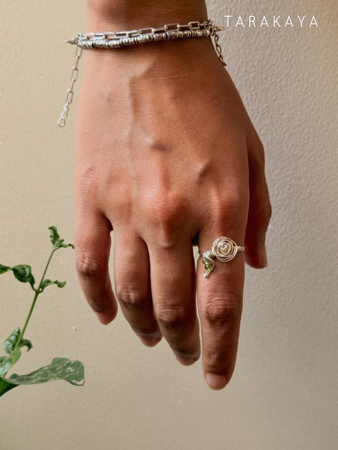 925 Sterling Silver Peridot Wire Wrapped Rose Handcrafted Ring