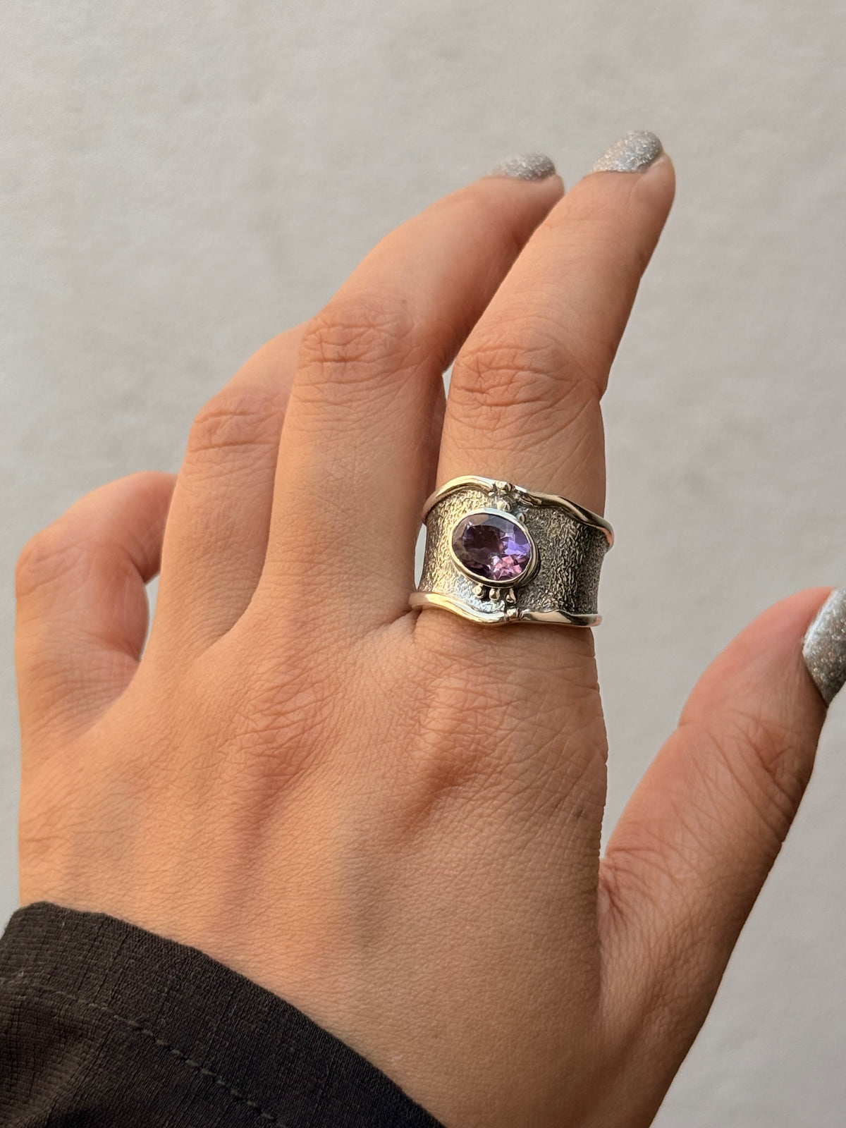 925 Sterling Silver Amethyst Textured Rustic Statement Handcrafted Ring