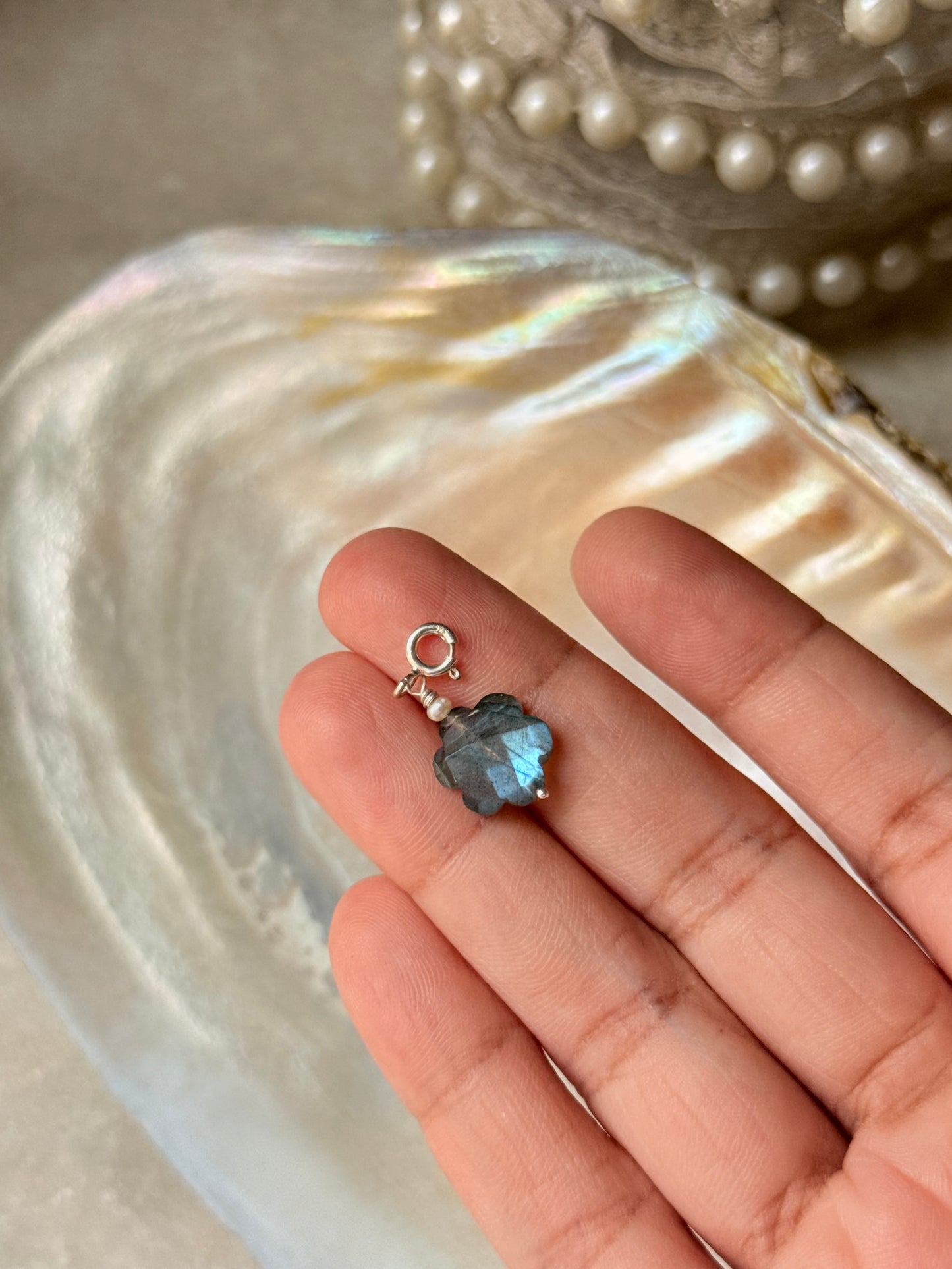 925 Sterling Silver Labradorite Floral Carved With Fresh Water Pearls Handcrafted Charm