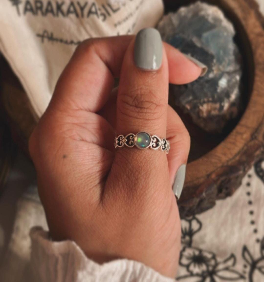 Elegant Opal Princess Band Ring in Sterling Silver