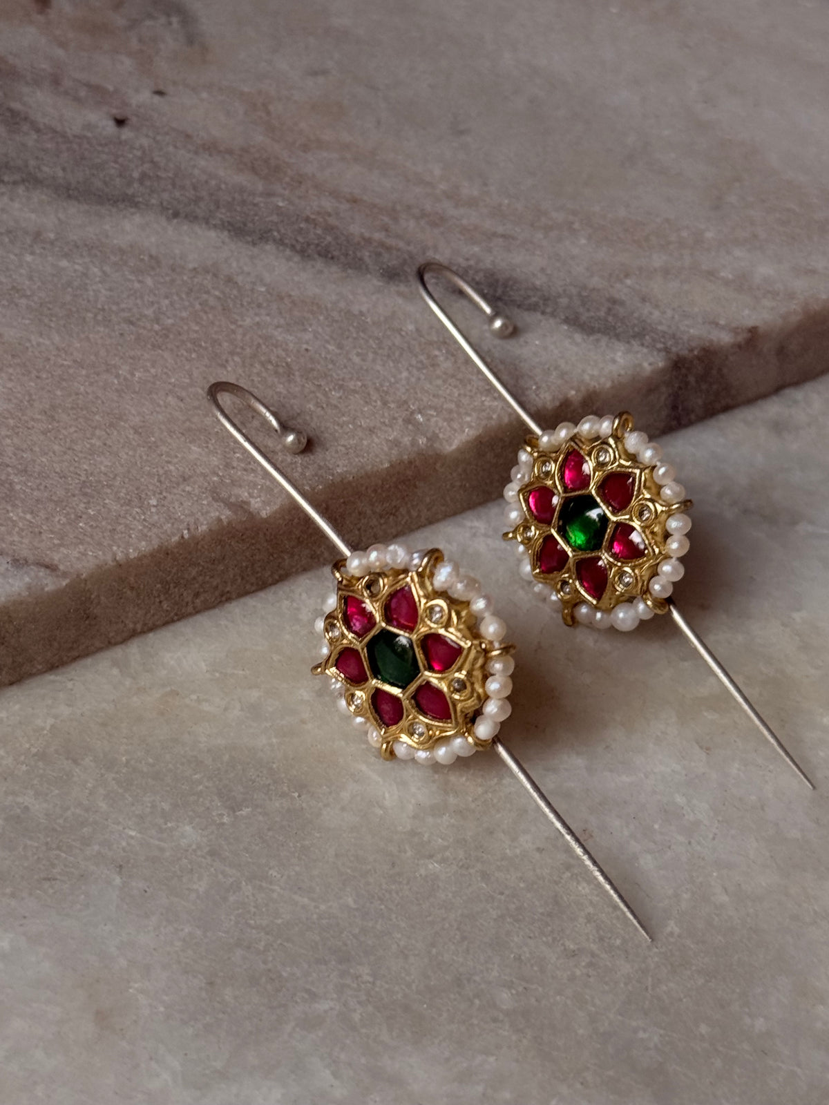 925 Sterling Silver Gold Plated Pink & Green Stone Kundan & Fresh Water Pearls Pirohi Full Ear Cuffs - Dual Tone