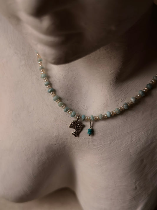Natural Larimar, Fresh Water Pearls , Silver Fish Charm & Blue Bead Hanging Charm Handcrafted 925 Sterling Silver Necklace