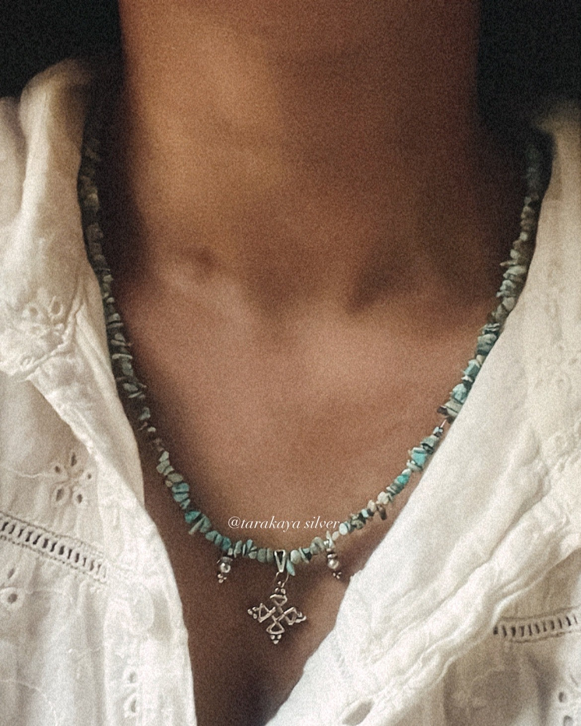 Natural Turquoise Tribal Kolam Boho 925 Sterling Silver Handmade Necklace
