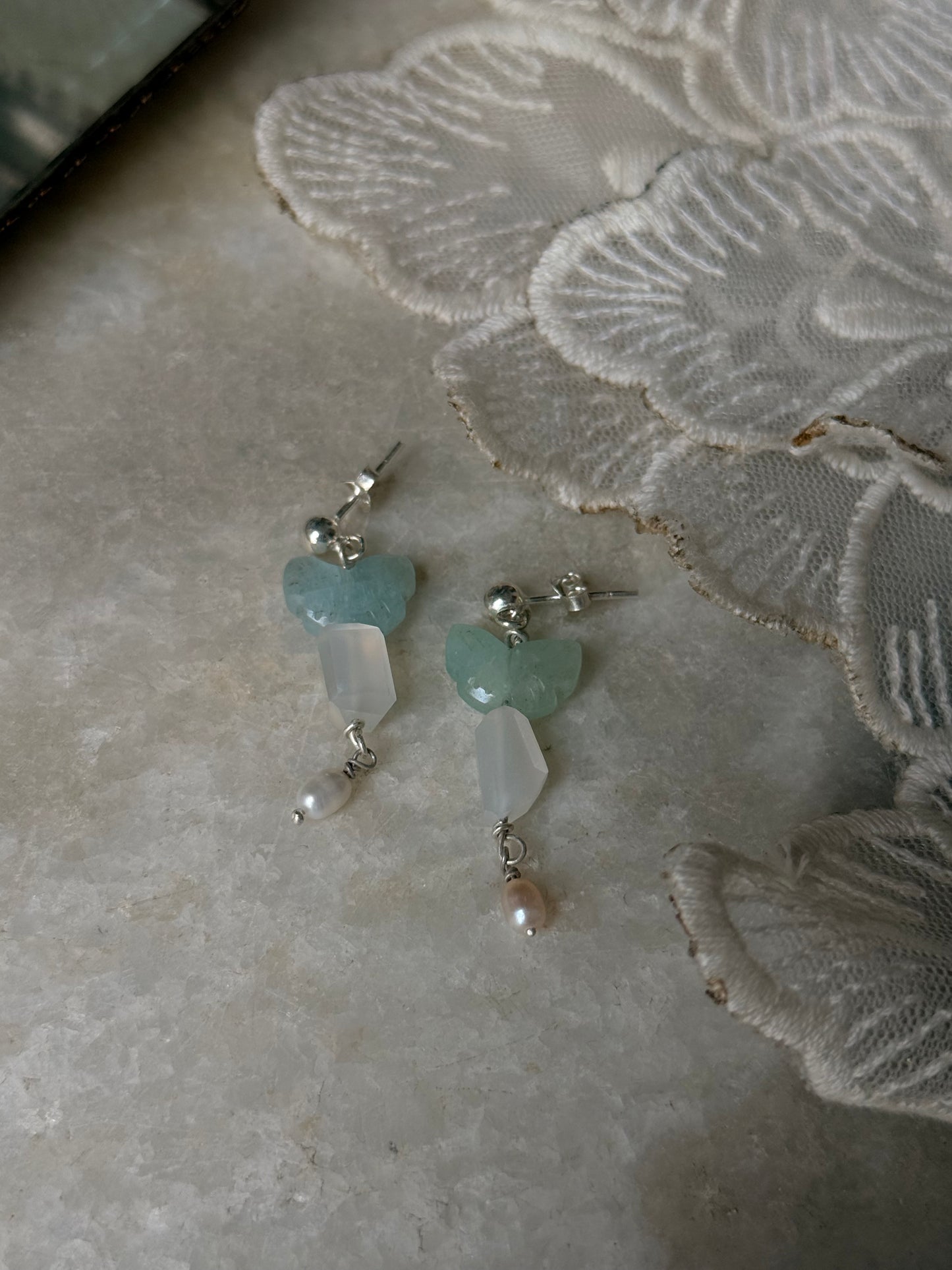 925 Sterling Silver Aquamarine Butterfly Moonstone Fresh Water Pearl Studs Earrings