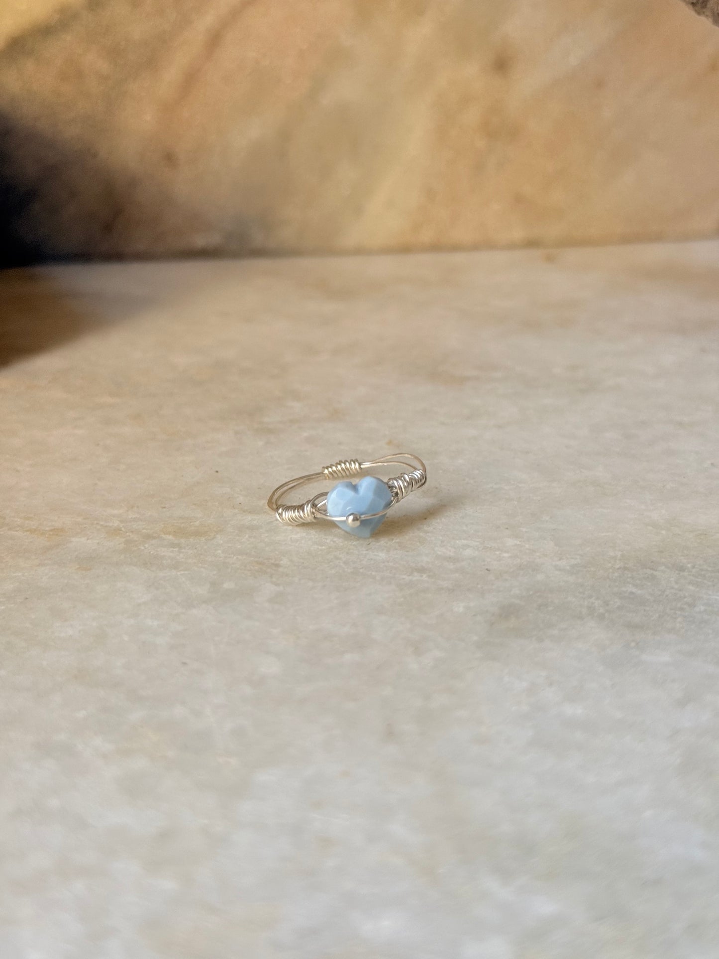 925 Sterling Silver Blue Opal Heart Wire Wrapped Handcrafted Ring