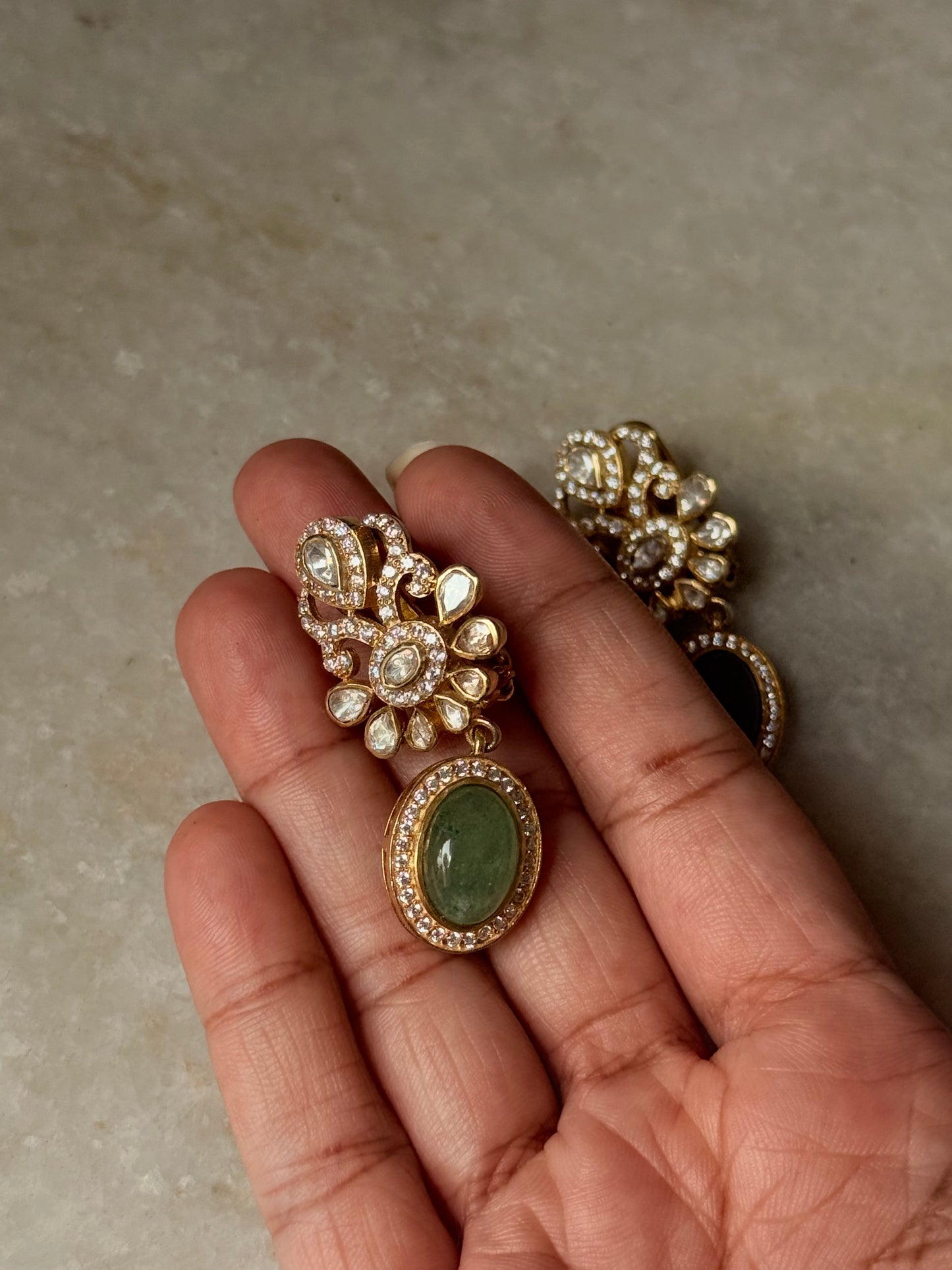 925 Sterling Silver Gold Plated Antique Moissanite Polki ,Green Onyx Oval Drop Earrings