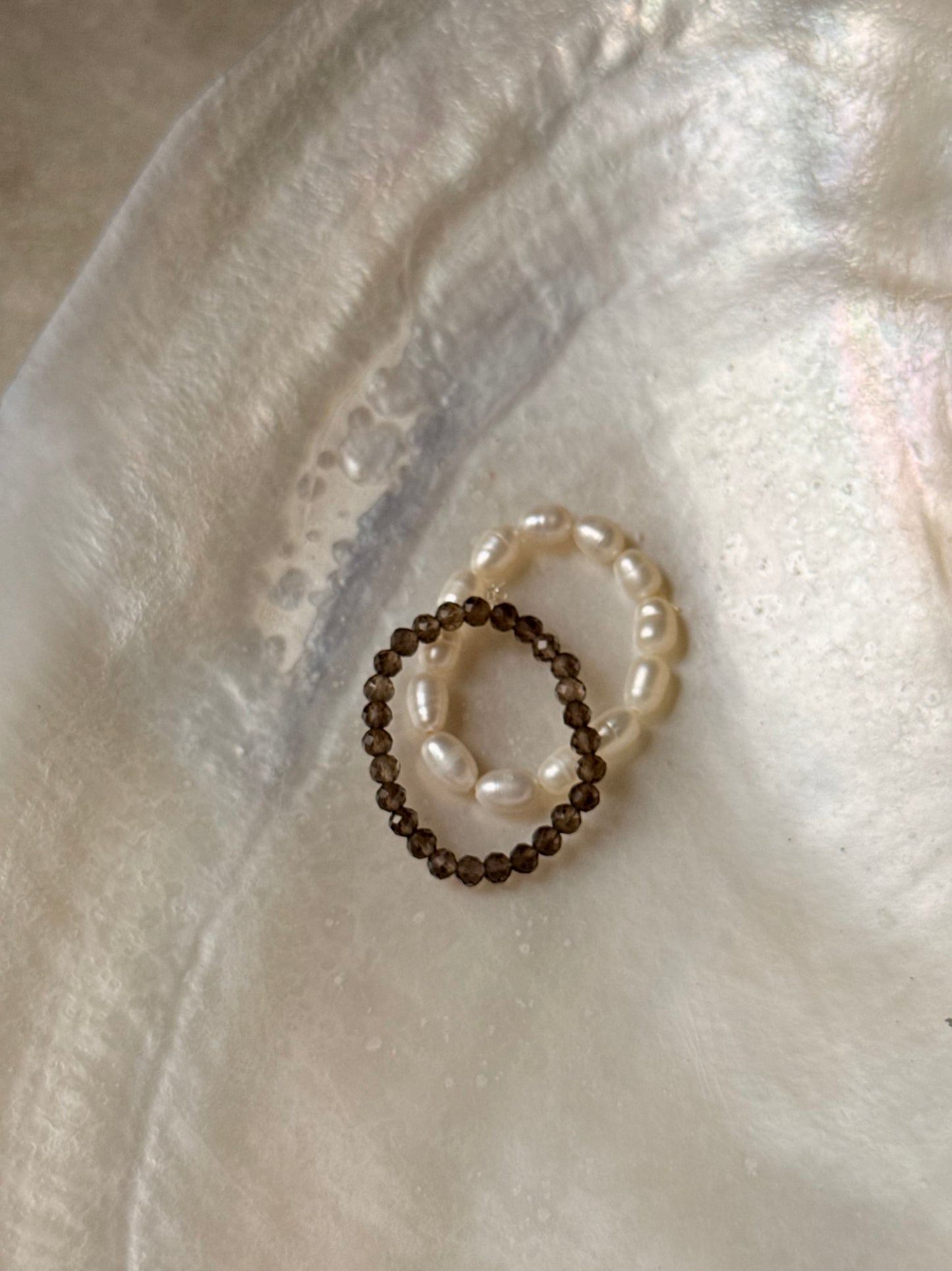 Natural Crystal Stretchy Smokey Quartz 2mm & Fresh Water Pearl Rings