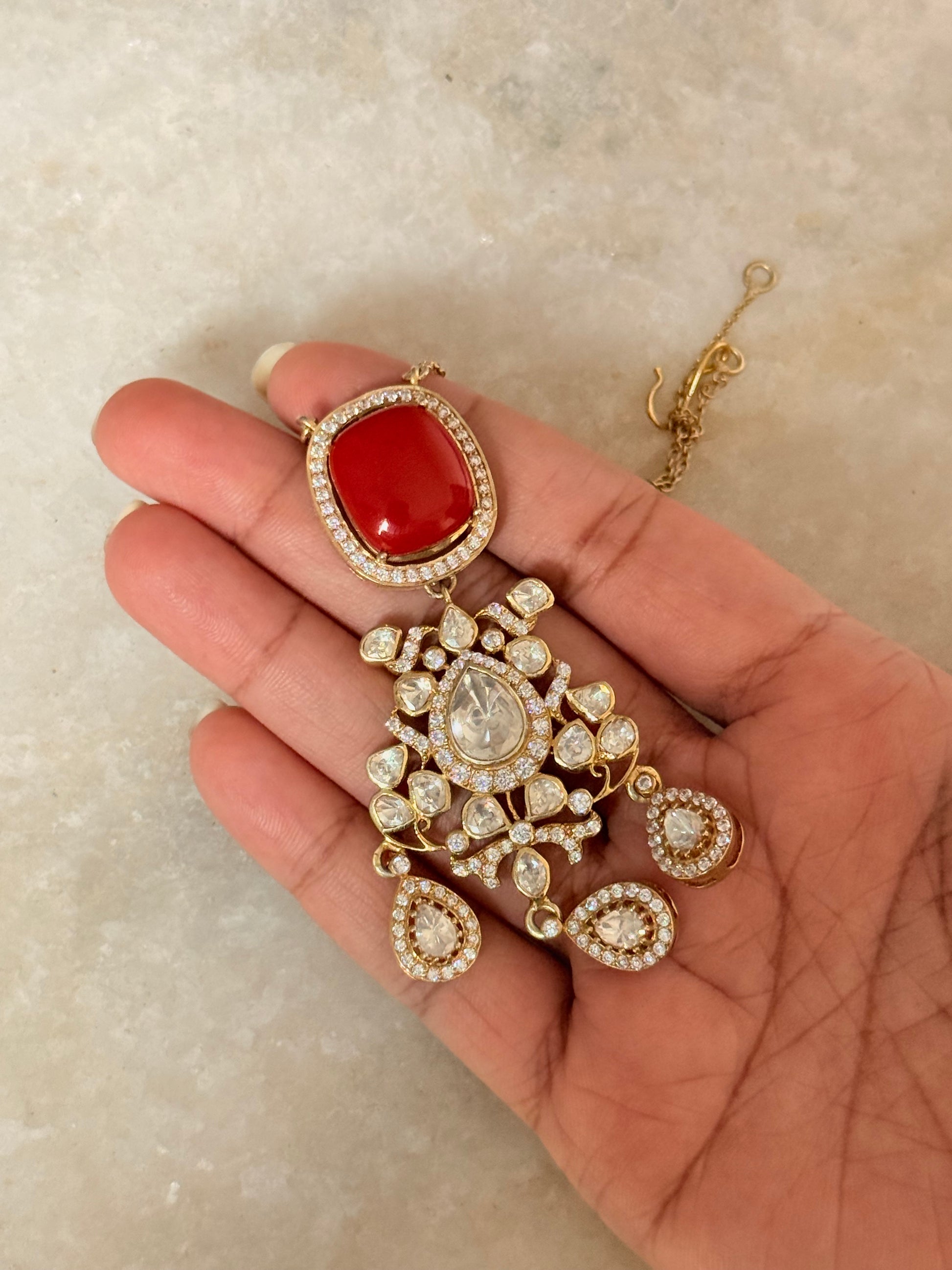 Ethnic 925 Sterling Silver Gold Plated Coral Gemstone Polki Necklace