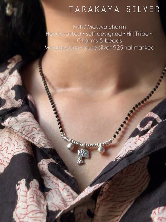 925 Sterling Silver Fish Sun Engraved Cylinder Beads  Handcrafted Hill Tribe-One of a Kind Boho Style Mangalsutra