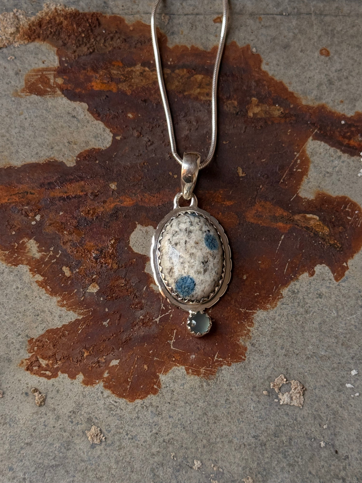 925 Sterling Silver K2 Jasper & Aquamarine Round Handcrafted One of a Kind Oval Pendant