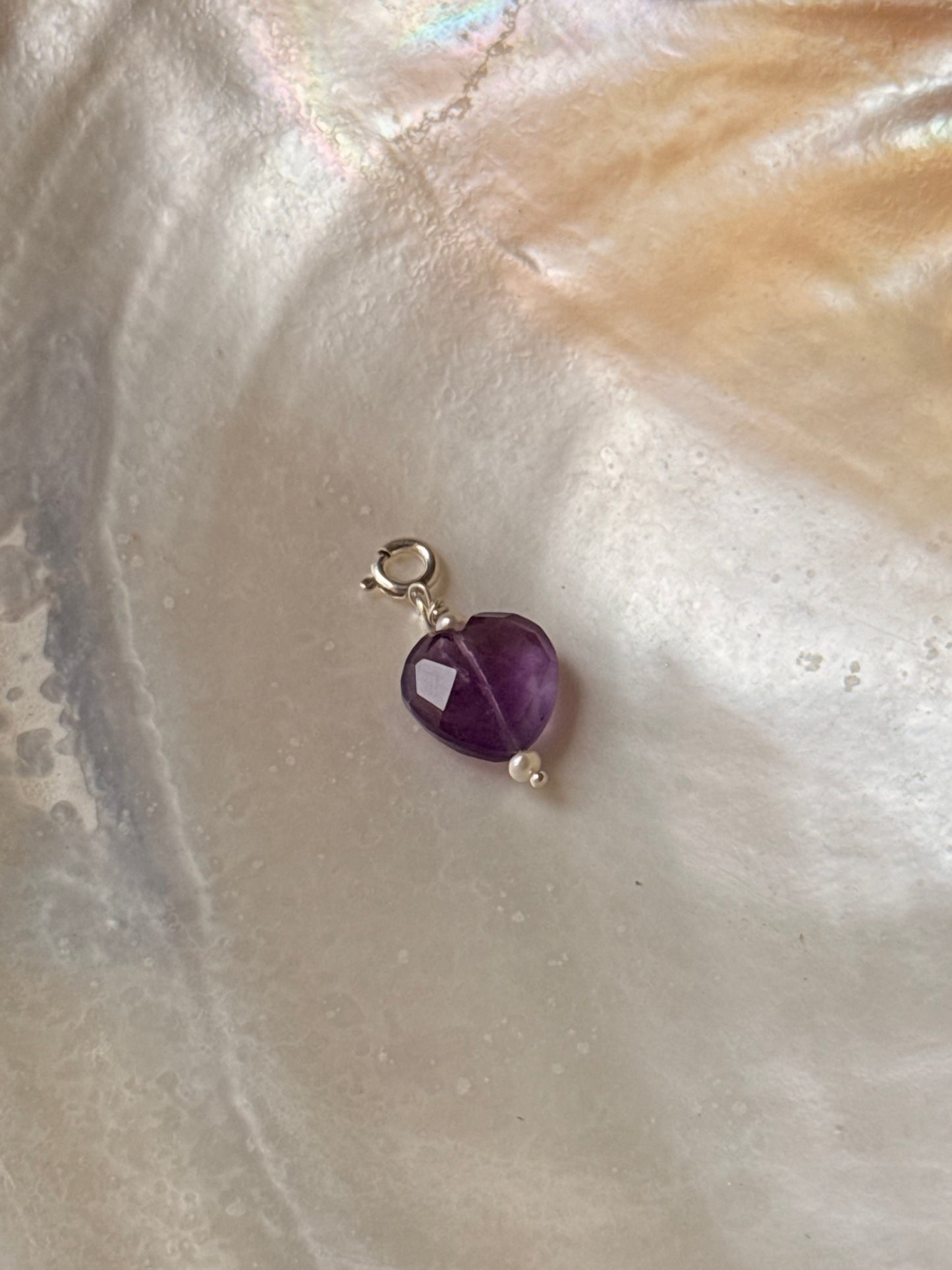 925 Sterling Silver Amethyst Heart with Pearl Crystal Charm