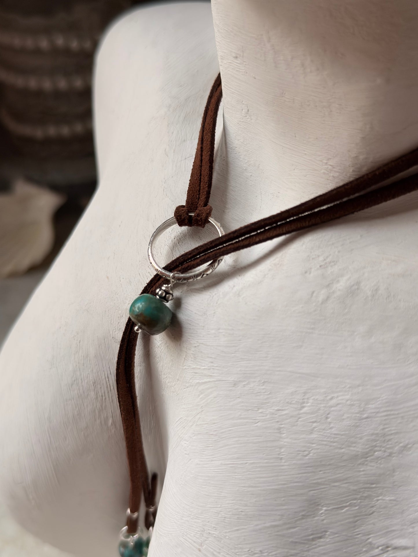 925 Sterling Silver Tribal Engraved with Turquoise Charm Brown Cord Leather Necklace