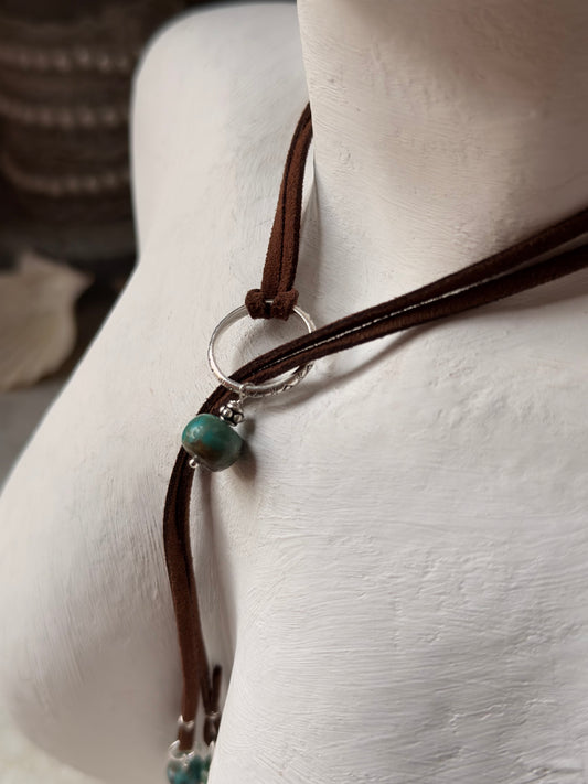 925 Sterling Silver Tribal Engraved with Turquoise Charm Brown Cord Leather Necklace