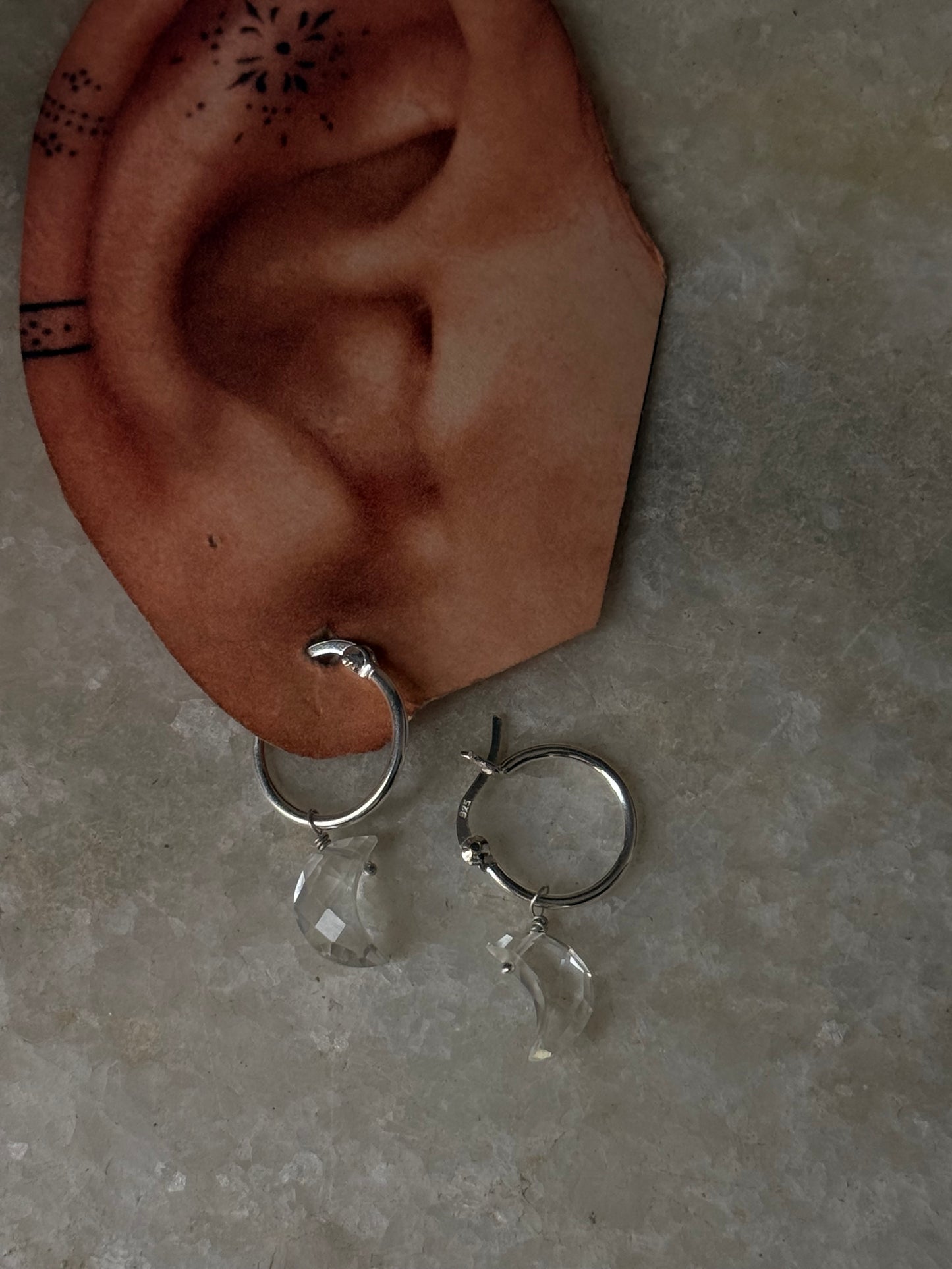 925 Sterling Silver Clear Quartz Moon Carved Charm Italian Hoops