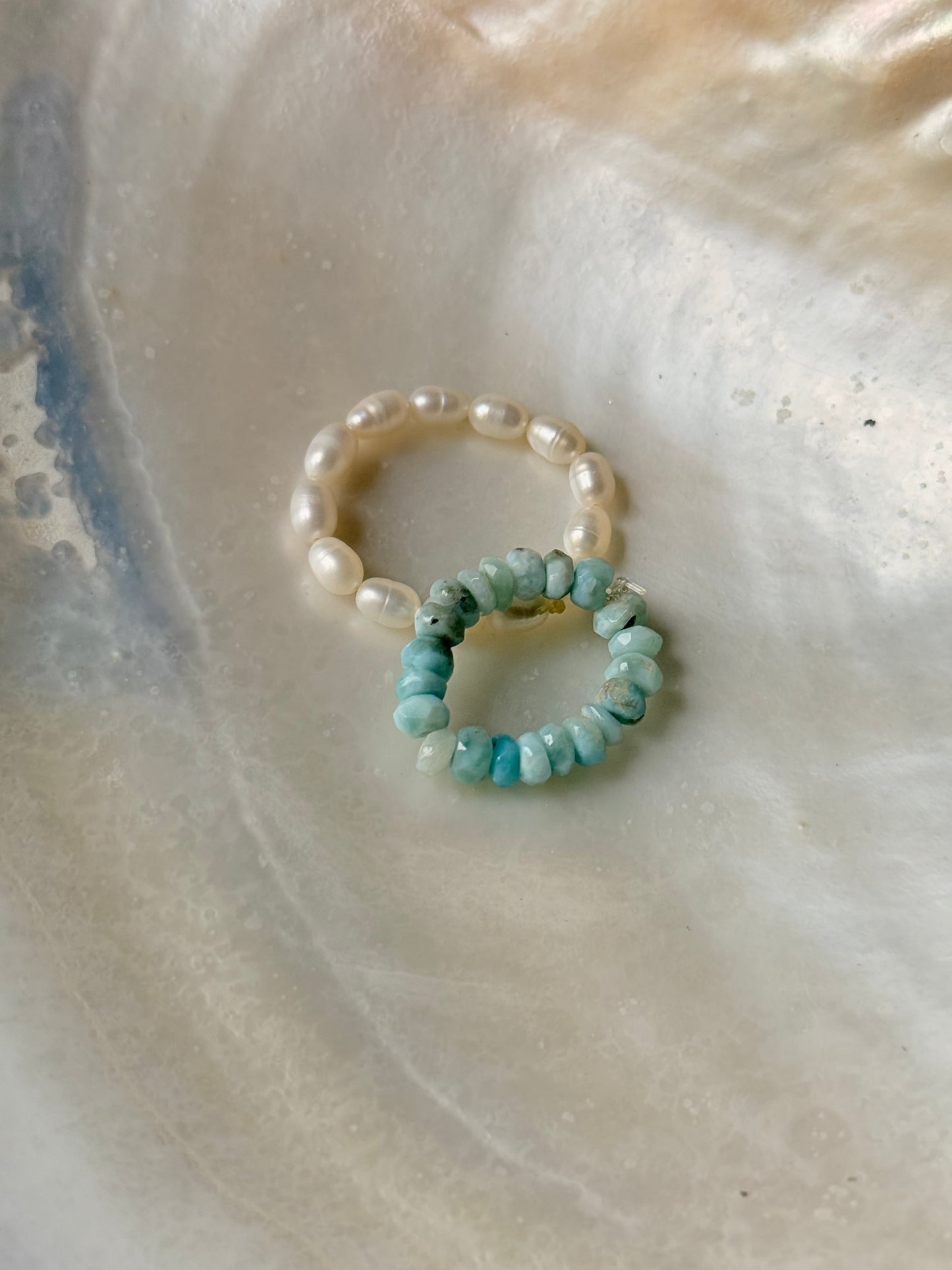 Natural Crystal Stretchy Larimar 3-4mm & Fresh Water Pearl Rings