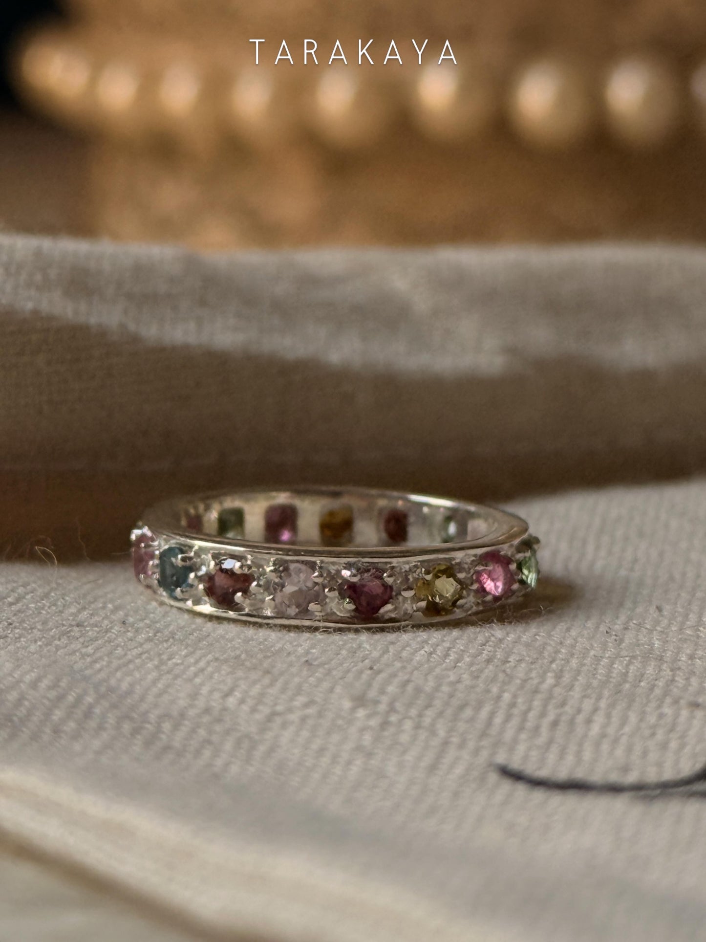 925 Sterling Silver Natural Multi Tourmaline Faceted Eternity White Band Ring